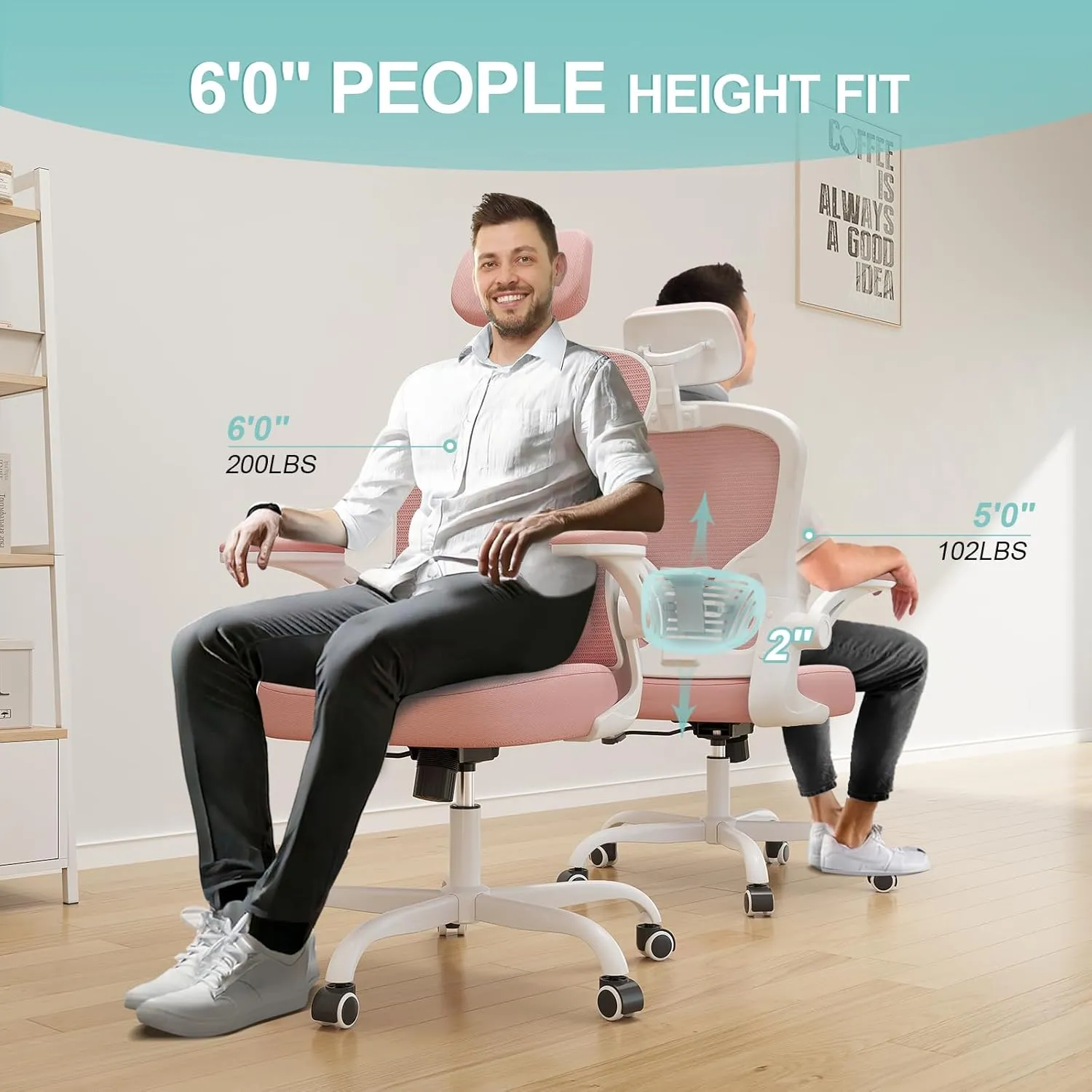 Office Chair Ergonomic Desk Chair, 330LBS Capacity, High Back Computer Chair for Long Hours Comfortable, Rolling Swivel Executive Task Chair for Home Office with Flip-up Armrests, White Pink