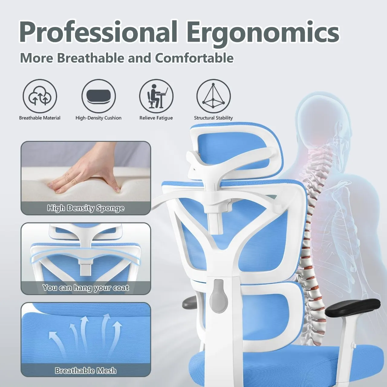 Office Chair Ergonomic Desk Chair, High Back Gaming Chair, Big and Tall Reclining chair Comfy Home Office Desk Chair Lumbar Support Breathable Mesh Computer Chair Adjustable Armrests(Sky Blue)