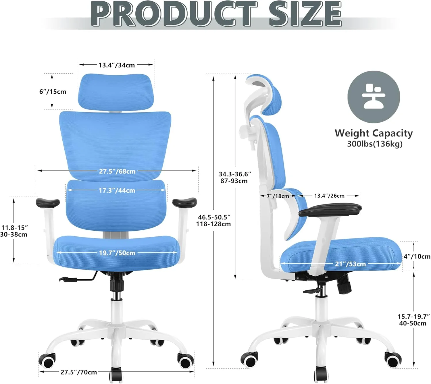 Office Chair Ergonomic Desk Chair, High Back Gaming Chair, Big and Tall Reclining chair Comfy Home Office Desk Chair Lumbar Support Breathable Mesh Computer Chair Adjustable Armrests(Sky Blue)