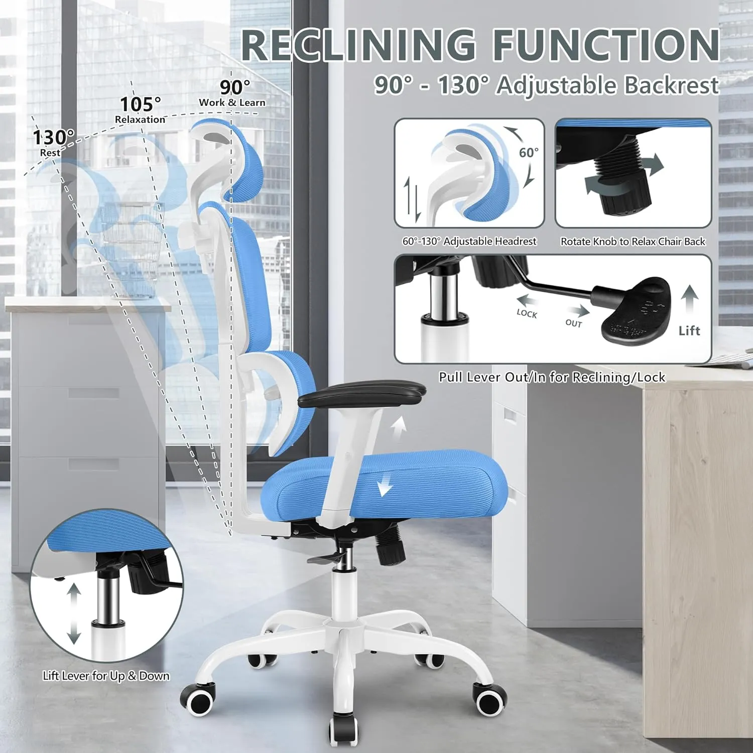 Office Chair Ergonomic Desk Chair, High Back Gaming Chair, Big and Tall Reclining chair Comfy Home Office Desk Chair Lumbar Support Breathable Mesh Computer Chair Adjustable Armrests(Sky Blue)