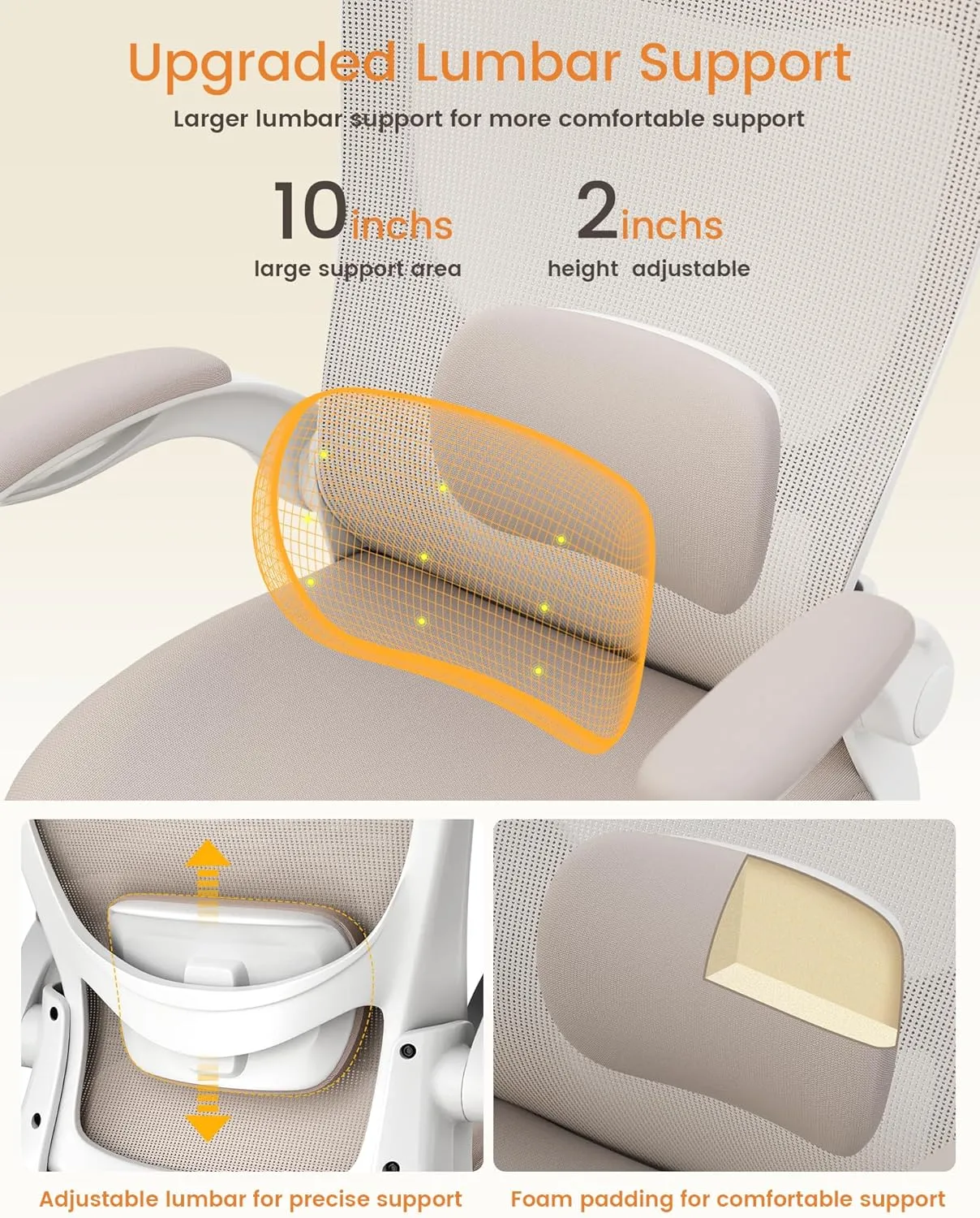 Office Chair, Ergonomic Desk Chair with Adjustable Lumbar Support and Flip up Armrest, Breathable Mesh Computer Chair for Home Office, Khaki