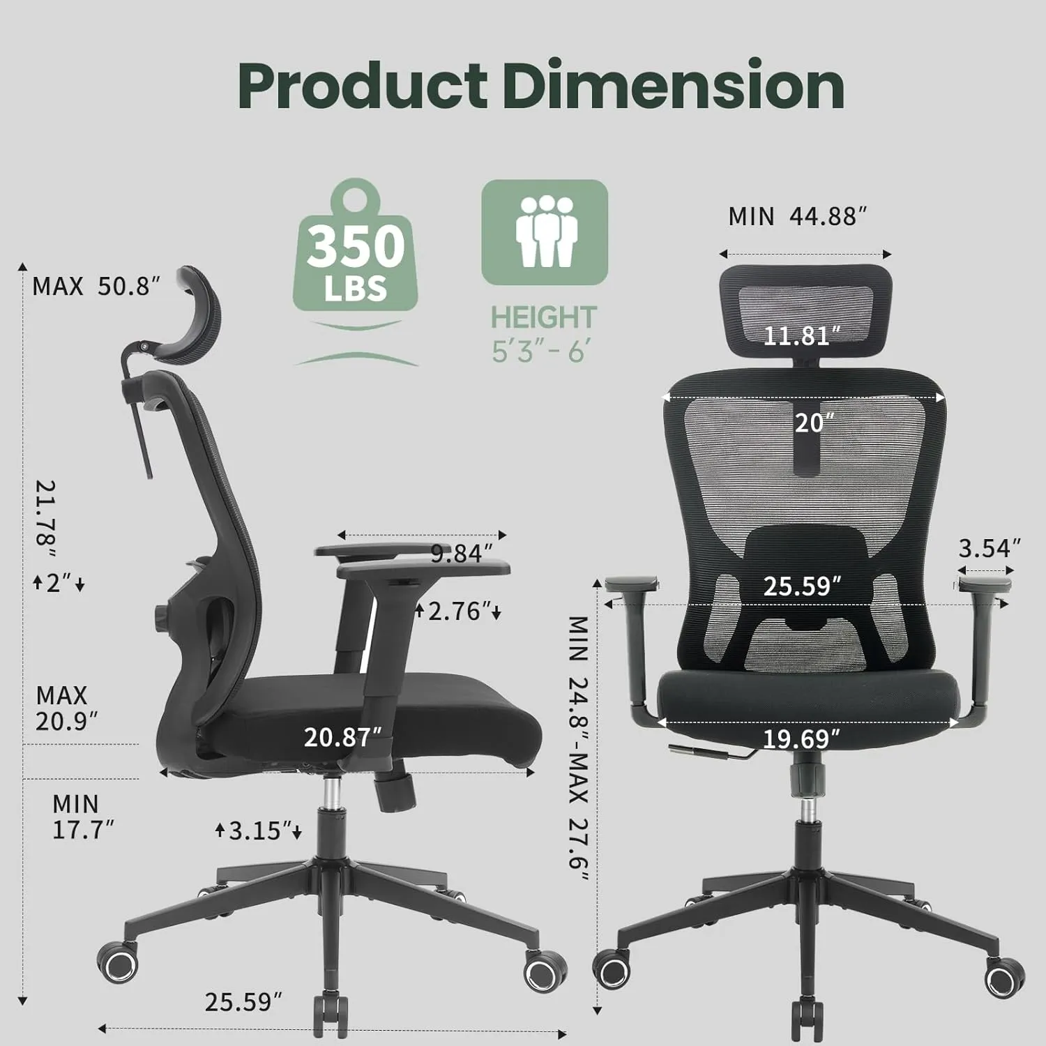Office Chair, Ergonomic High-Back Desk Chair with 2D Headrest, 350LBS Mesh Office Chair with 4D Armrest, Lumbar Support, 90-135° Tilt Lock Silla Ergonómica Chairs for Office Home Gaming Study