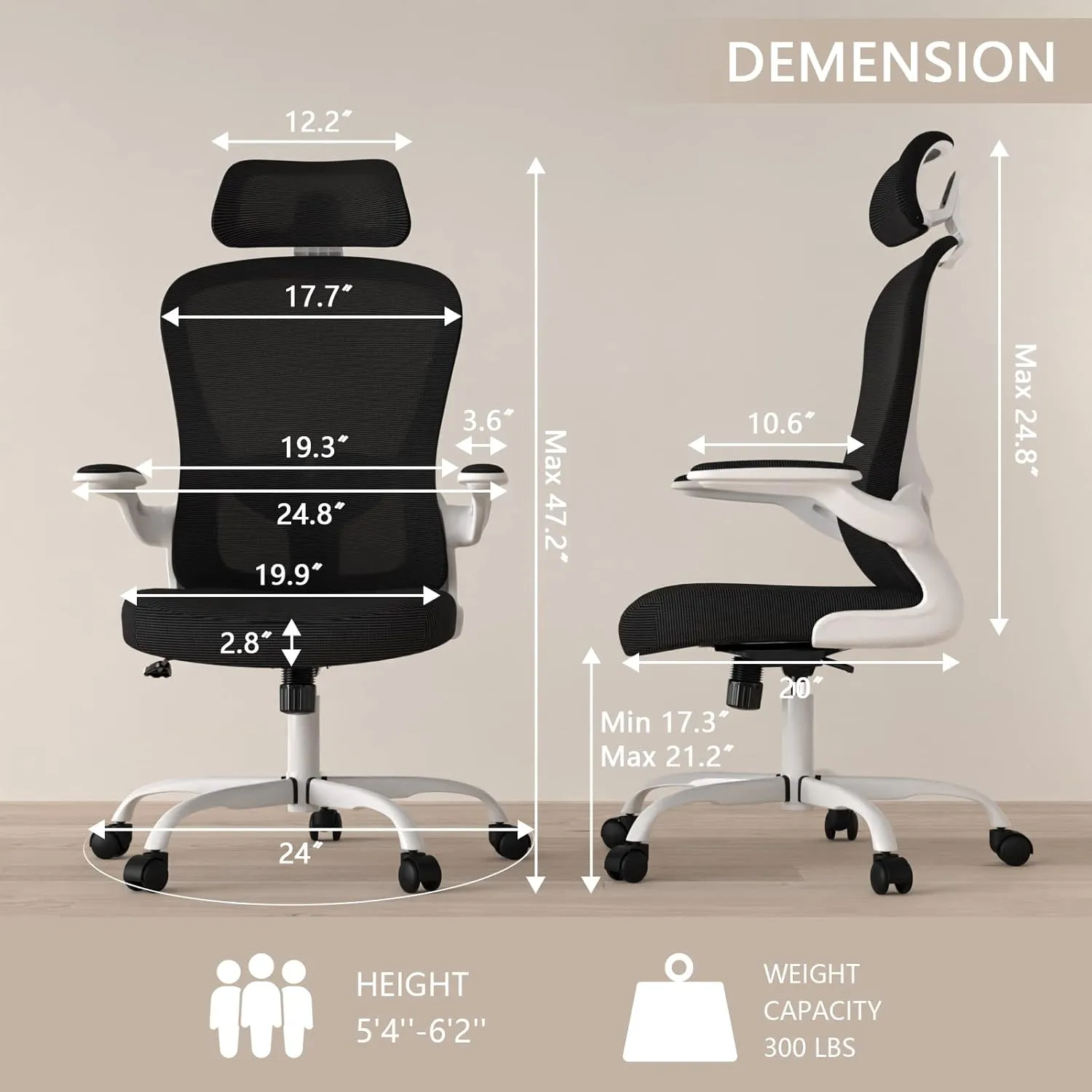 Office Chair, High Back Ergonomic Desk Chair, Breathable Mesh Desk Chair with Adjustable Lumbar Support and Headrest, Swivel Task Chair with flip-up Armrests, Executive Chair for Home Office