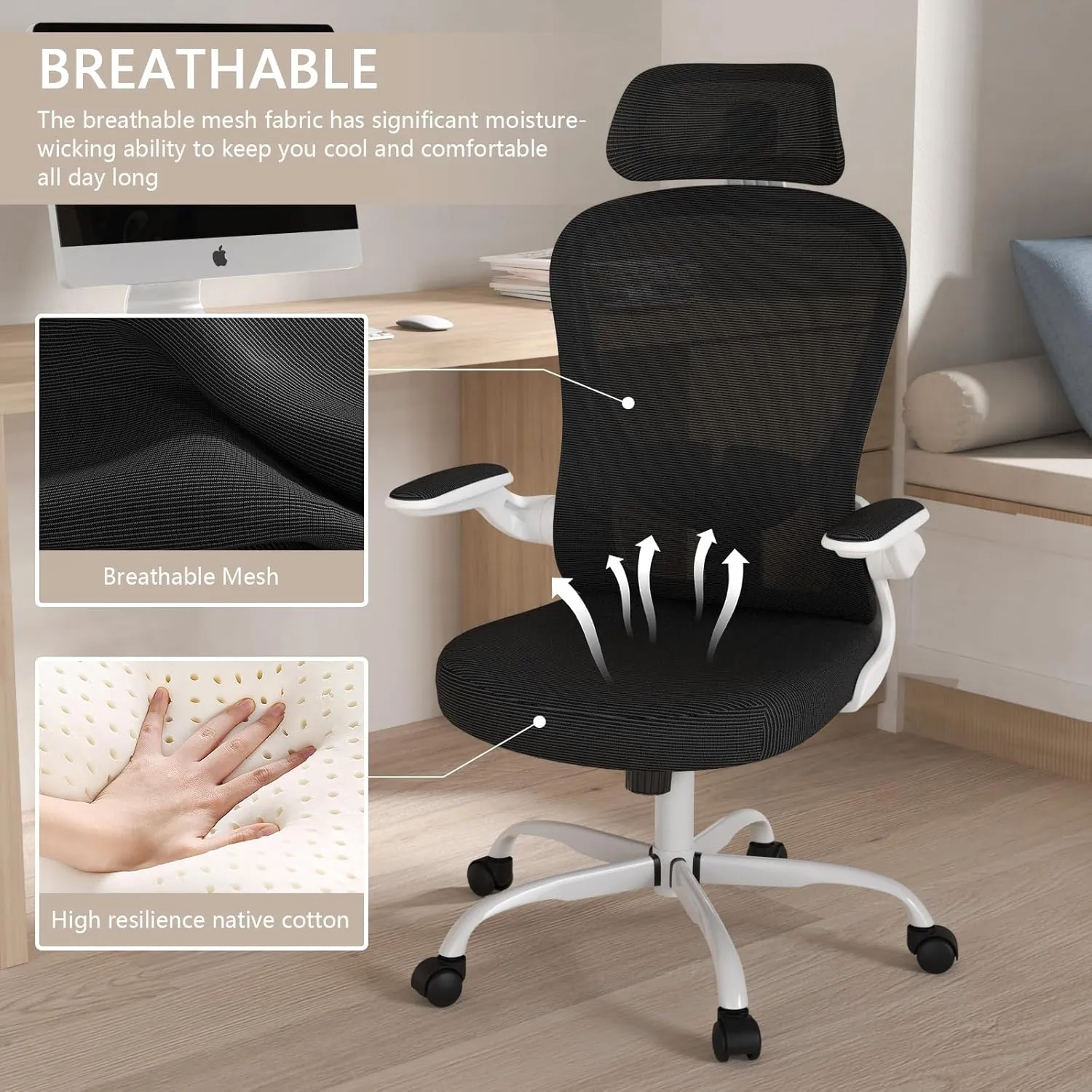 Office Chair, High Back Ergonomic Desk Chair, Breathable Mesh Desk Chair with Adjustable Lumbar Support and Headrest, Swivel Task Chair with flip-up Armrests, Executive Chair for Home Office
