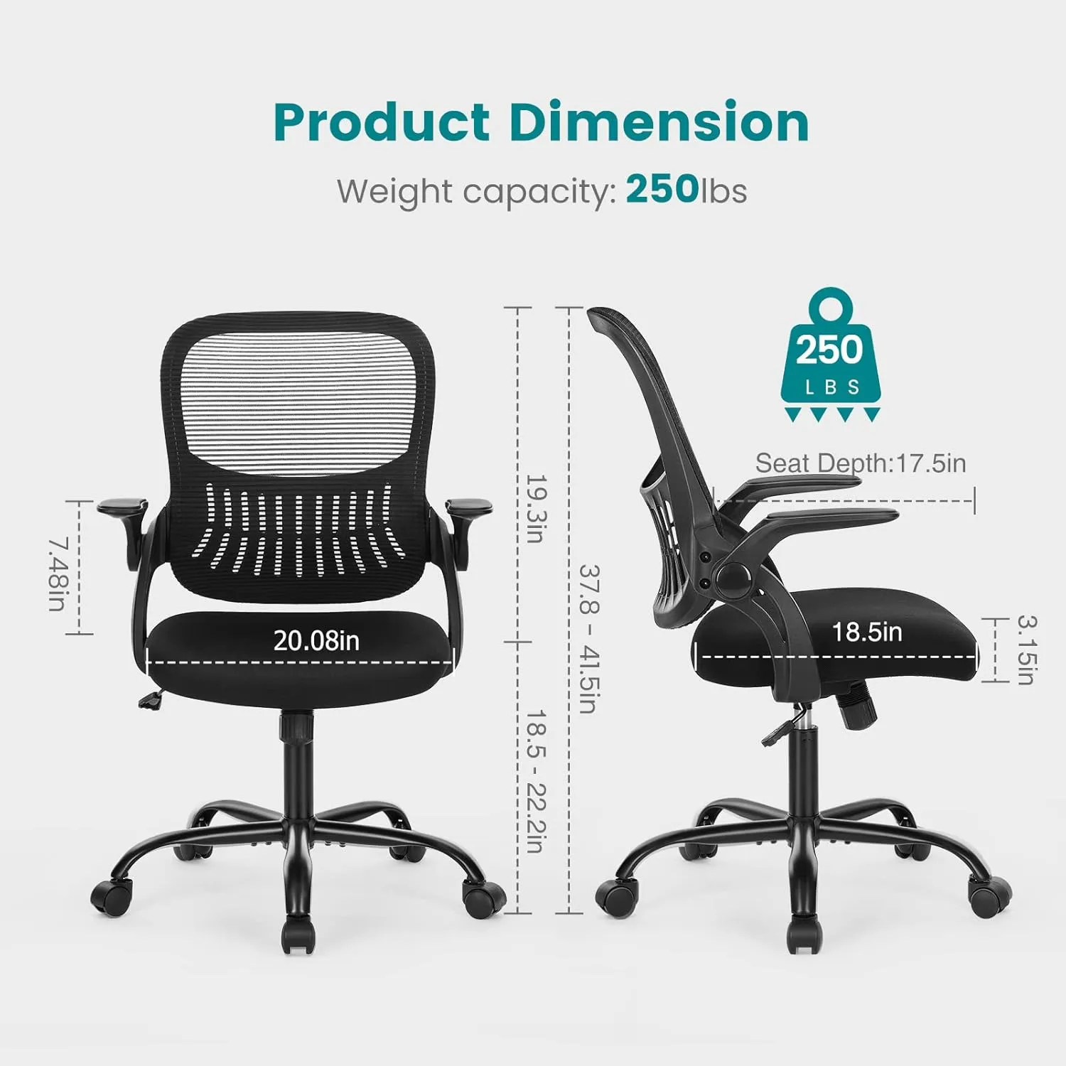 Office Computer Desk Chair, Ergonomic Mid-Back Mesh Rolling Work Swivel Task Chairs with Wheels, Comfortable Lumbar Support, Comfy Flip-up Arms for Home, Bedroom, Gaming, Study, Student, Black