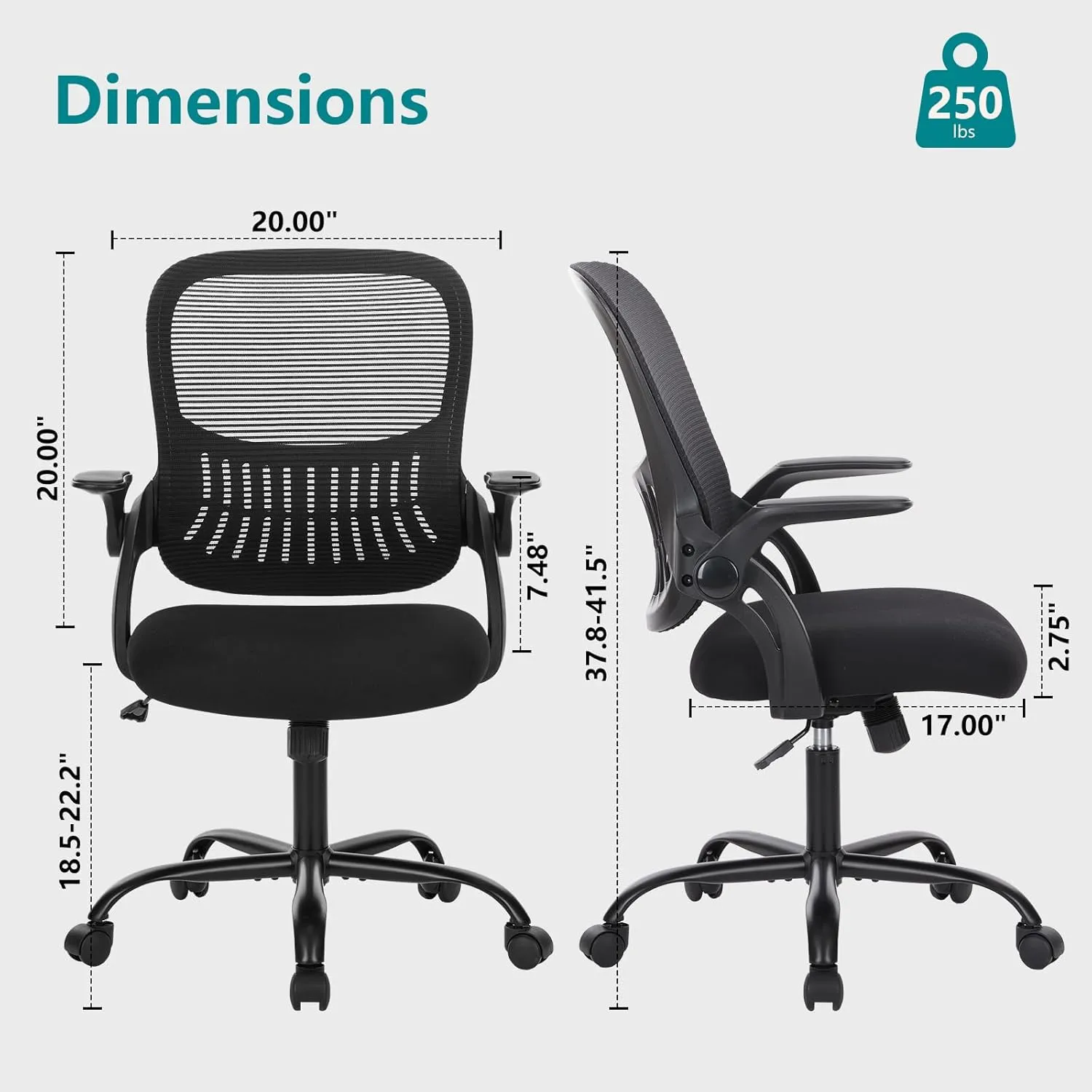 Office Computer Desk Chair, Ergonomic Mid-Back Mesh Rolling Work Swivel Task Chairs with Wheels, Comfortable Lumbar Support, Comfy Flip-up Arms for Home, Bedroom, Study, Student