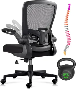 Office Desk Chair with Wheels Ergonomic Desk Chair Breathable Mesh Chair with Lumbar Support Adjustable Flip-Up Arms Executive Rolling Swivel Task Computer Chairs for Office Home,Black