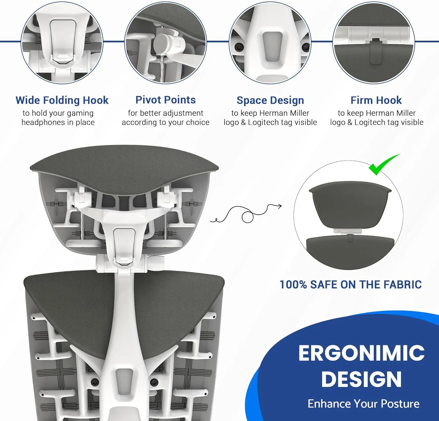 OFFICE LOGIX SHOP Embody Headrest Compatible with Herman Miller Embody Chair (Grey Rythem Fabric/White Frame)