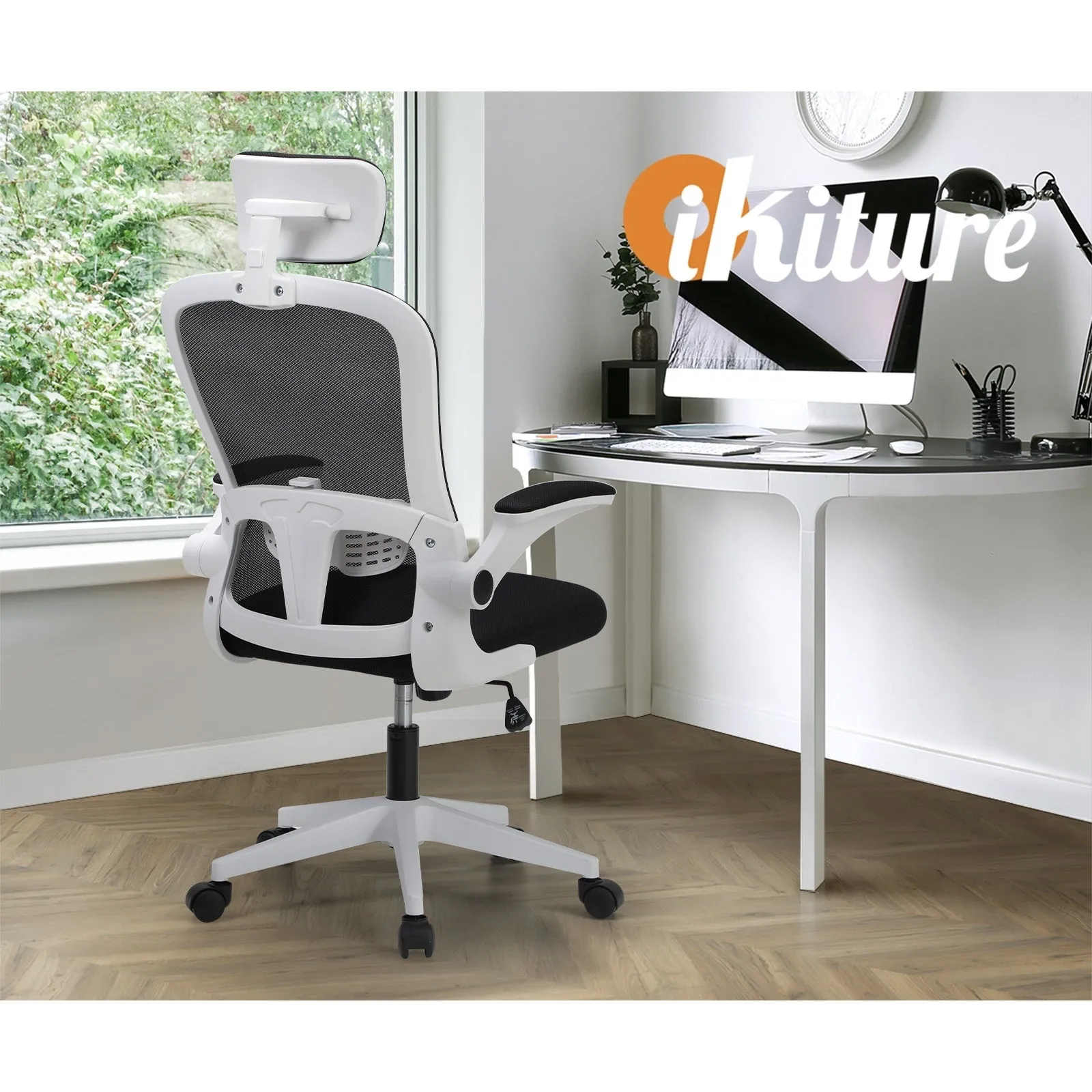 Oikiture Mesh Office Chair Adjustable Lumbar Support Reclining D-Shape WH&BK