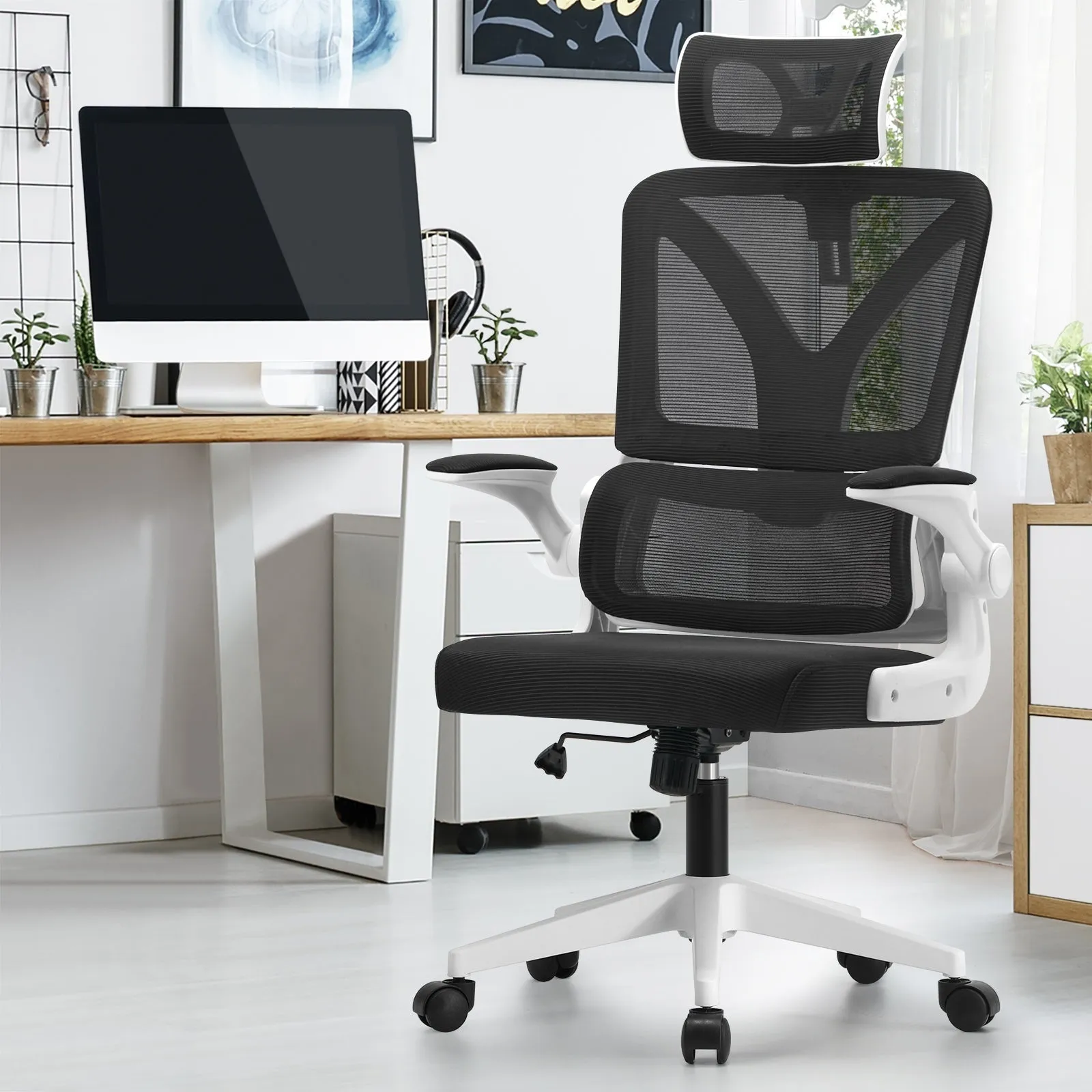 Oikiture Mesh Office Chair Adjustable Lumbar Support Reclining D-Shape WH&BK