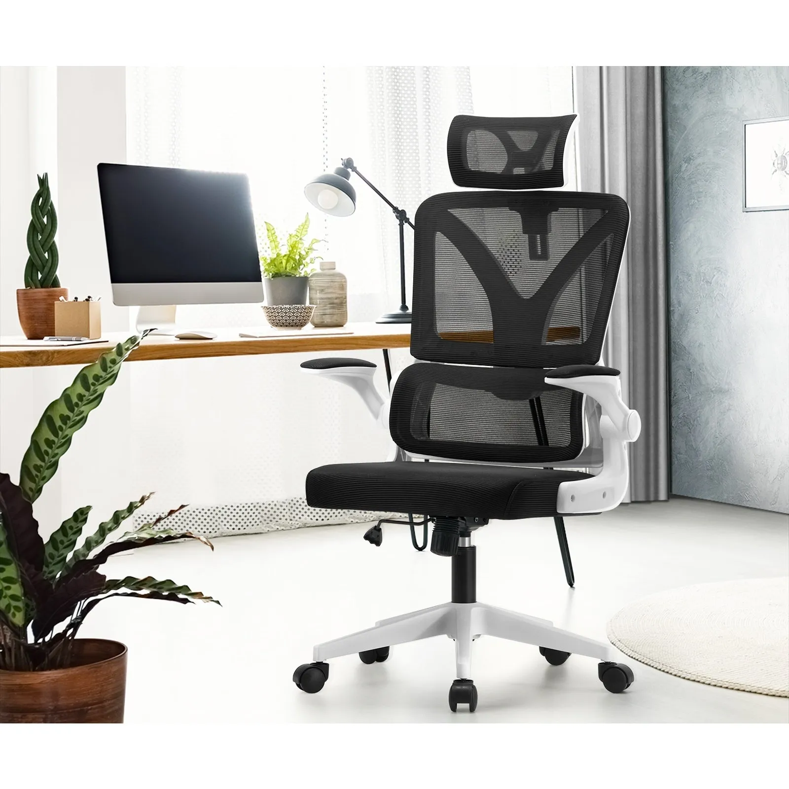Oikiture Mesh Office Chair Adjustable Lumbar Support Reclining D-Shape WH&BK