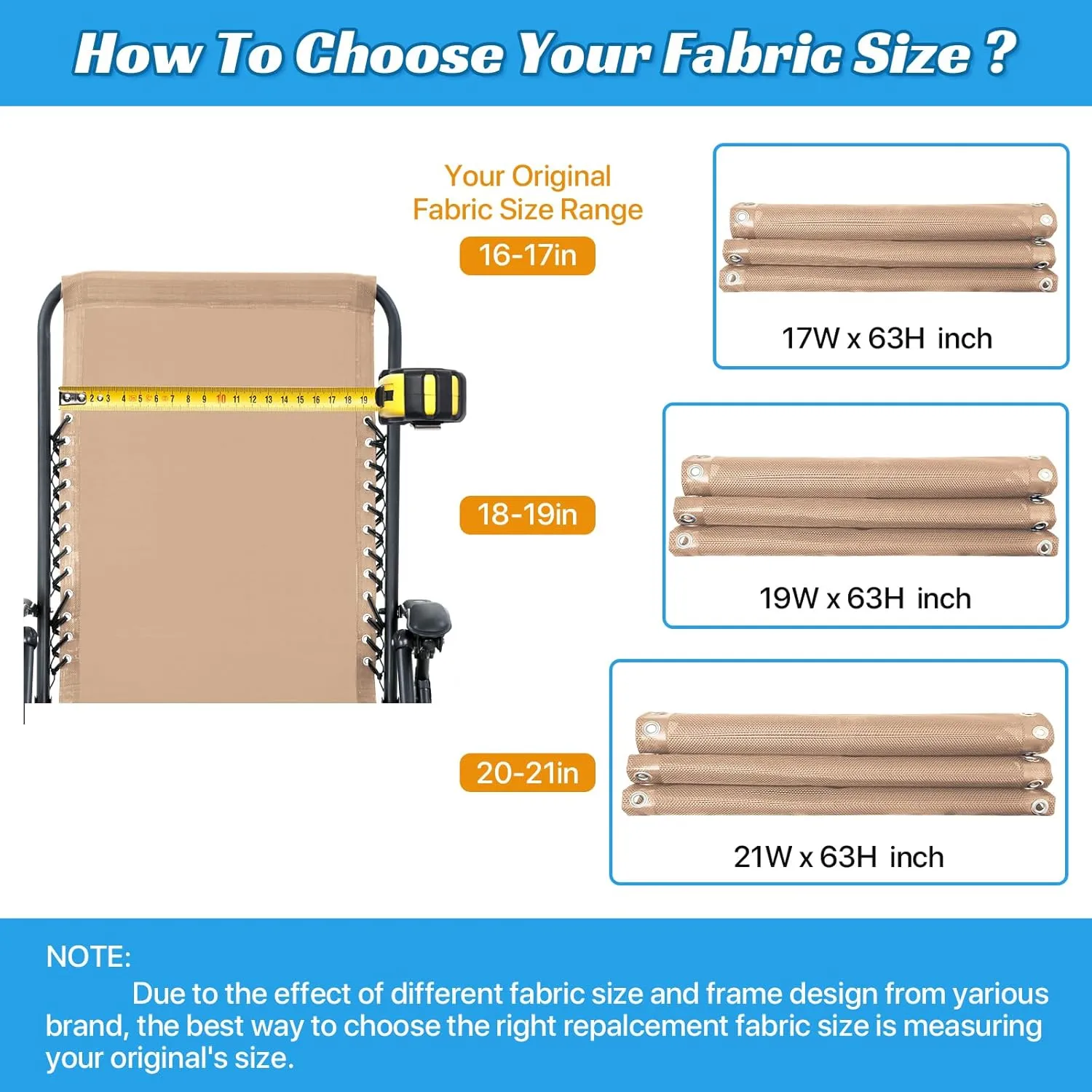 Ostlttyn Zero Gravity Chair Replacement Fabric Kit, 21" W x 63" L Repair Cloth with Replacement Bungee Cord for Anti Gravity Folding Lounge Recliner Lawn Beach Sling Chairs, Tan