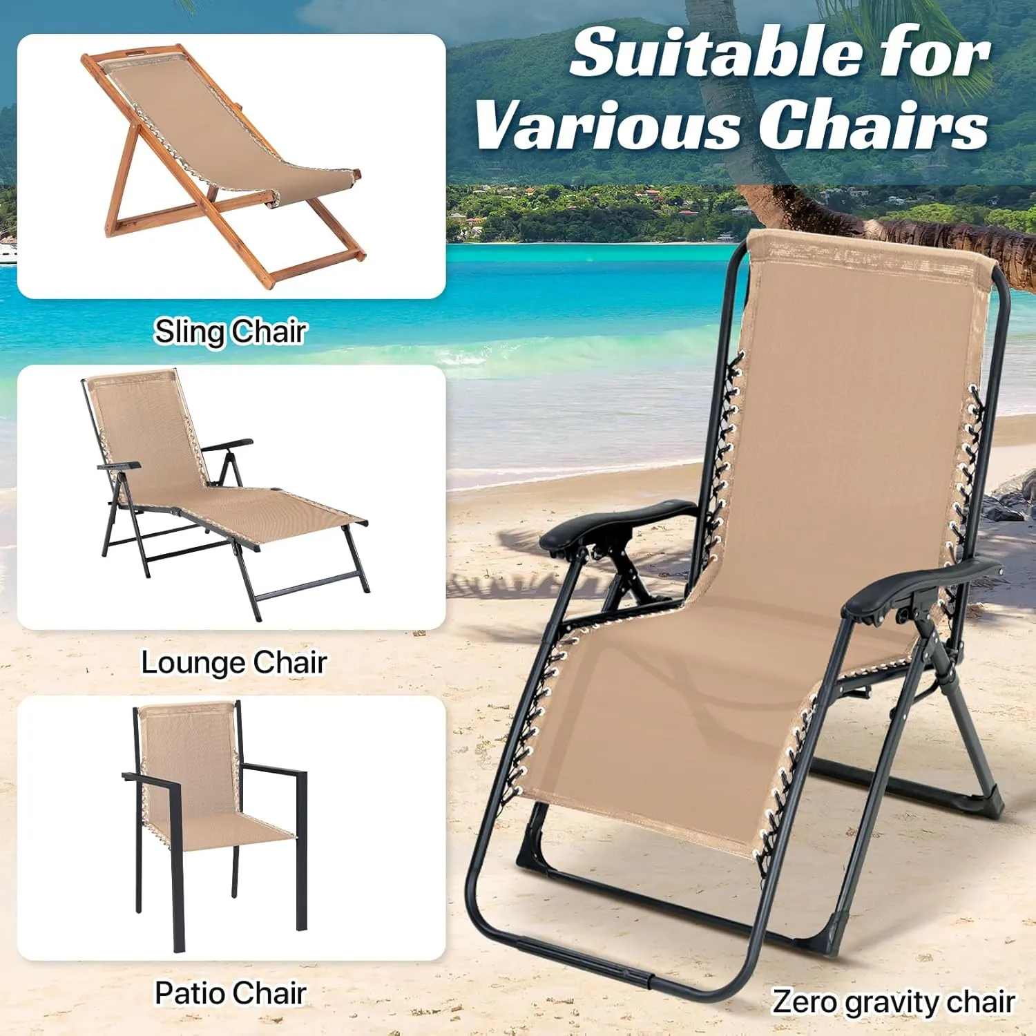 Ostlttyn Zero Gravity Chair Replacement Fabric Kit, 21" W x 63" L Repair Cloth with Replacement Bungee Cord for Anti Gravity Folding Lounge Recliner Lawn Beach Sling Chairs, Tan