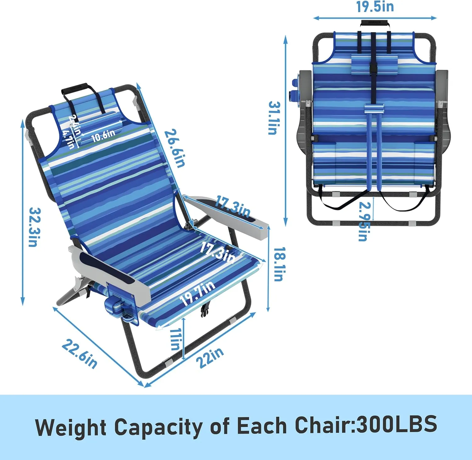 Outdoor Beach Foldable Chaise Lounge Chair with Detachable Pillow & Pocket, Portable Tanning Chair with 5 Position Adjustable Back, Beach, Pool and Camping, Striped Blue