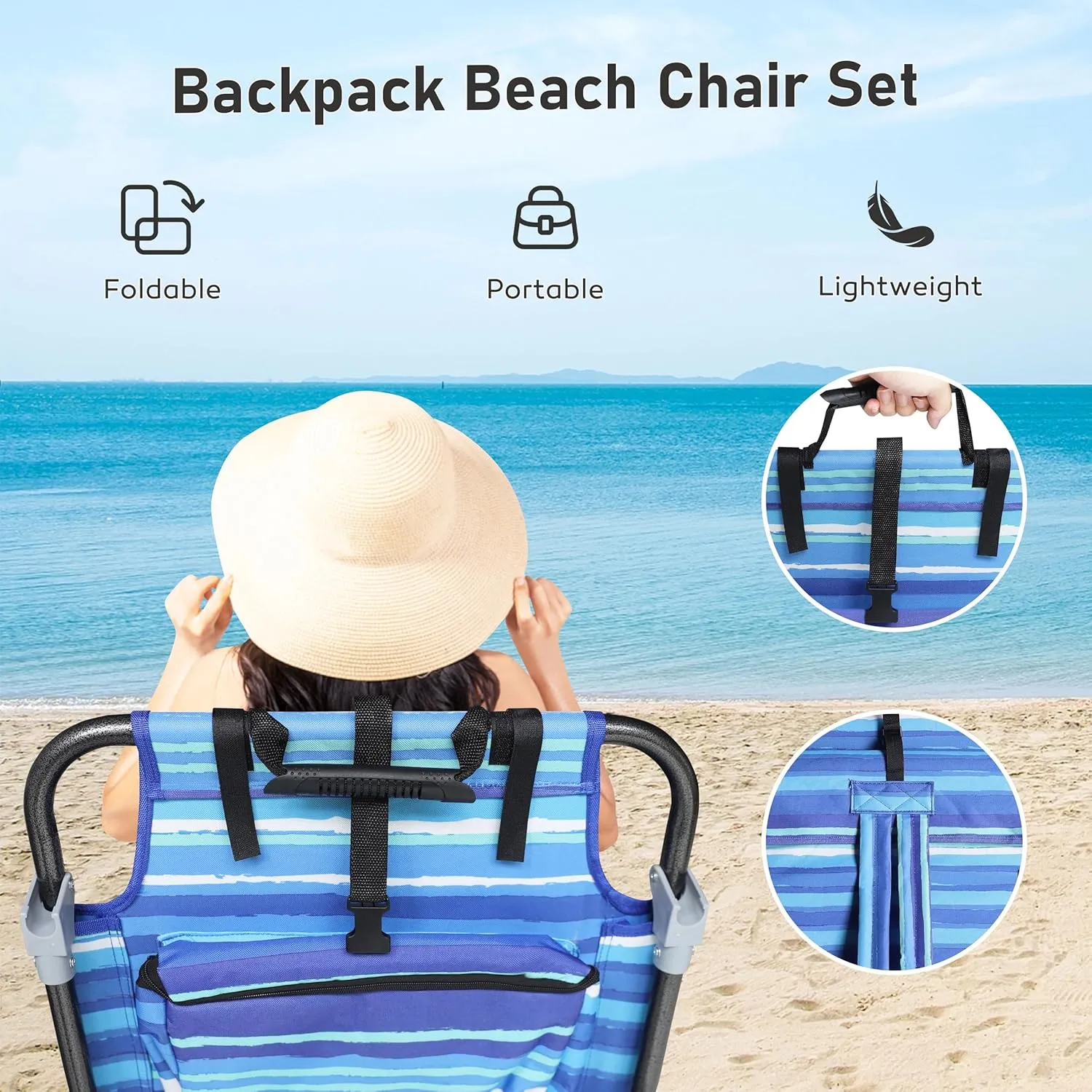 Outdoor Beach Foldable Chaise Lounge Chair with Detachable Pillow & Pocket, Portable Tanning Chair with 5 Position Adjustable Back, Beach, Pool and Camping, Striped Blue