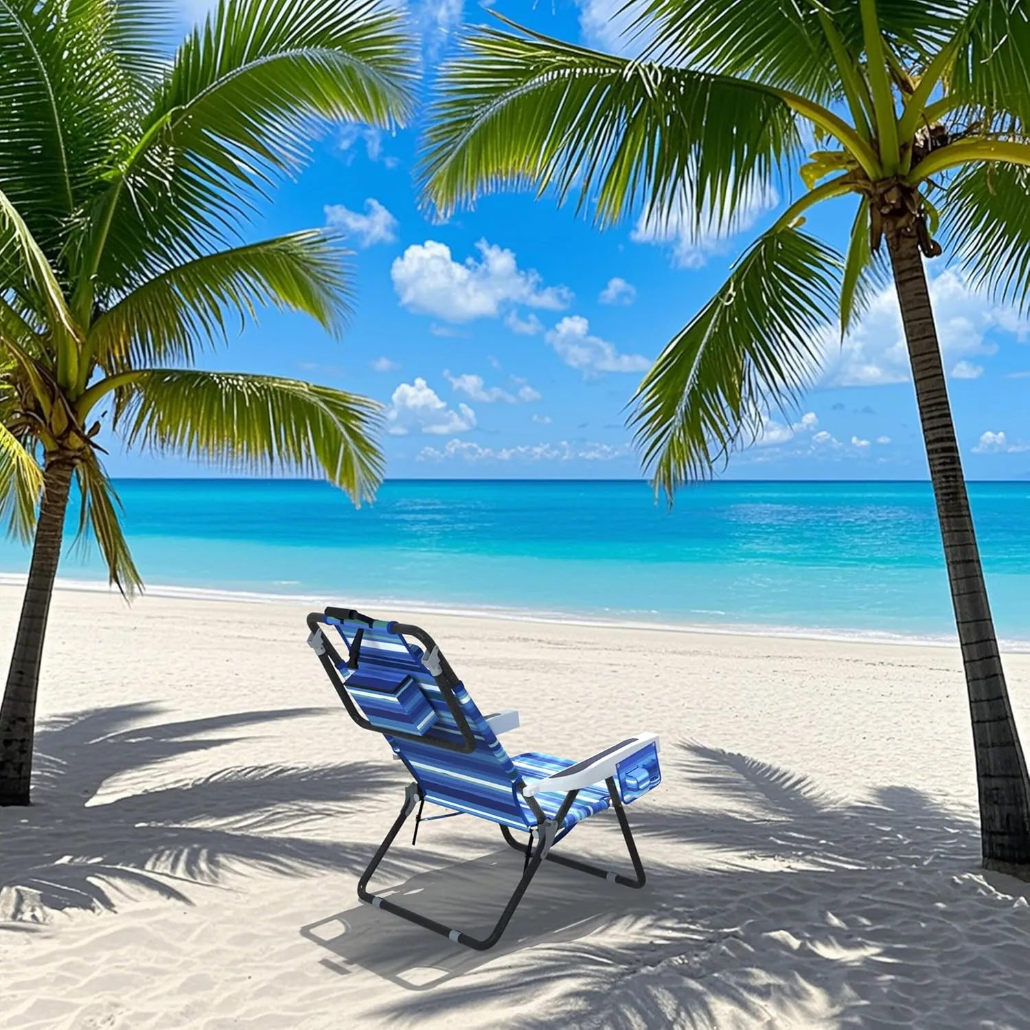 Outdoor Beach Foldable Chaise Lounge Chair with Detachable Pillow & Pocket, Portable Tanning Chair with 5 Position Adjustable Back, Beach, Pool and Camping, Striped Blue