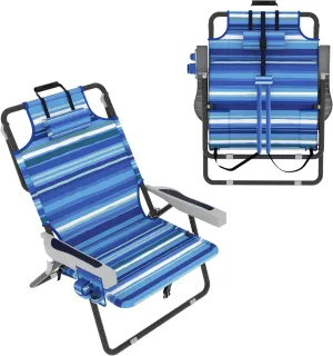 Outdoor Beach Foldable Chaise Lounge Chair with Detachable Pillow & Pocket, Portable Tanning Chair with 5 Position Adjustable Back, Beach, Pool and Camping, Striped Blue
