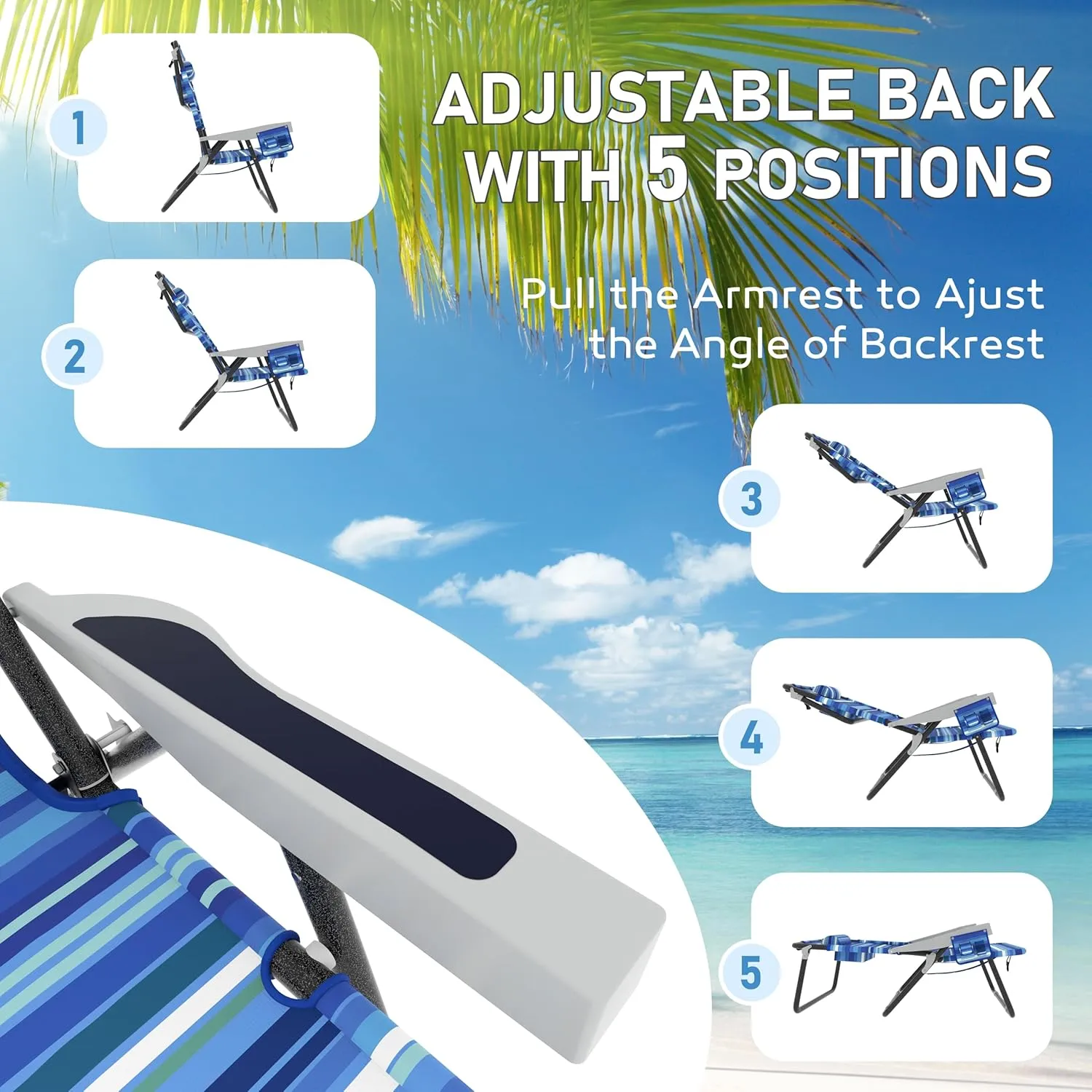 Outdoor Beach Foldable Chaise Lounge Chair with Detachable Pillow & Pocket, Portable Tanning Chair with 5 Position Adjustable Back, Beach, Pool and Camping, Striped Blue