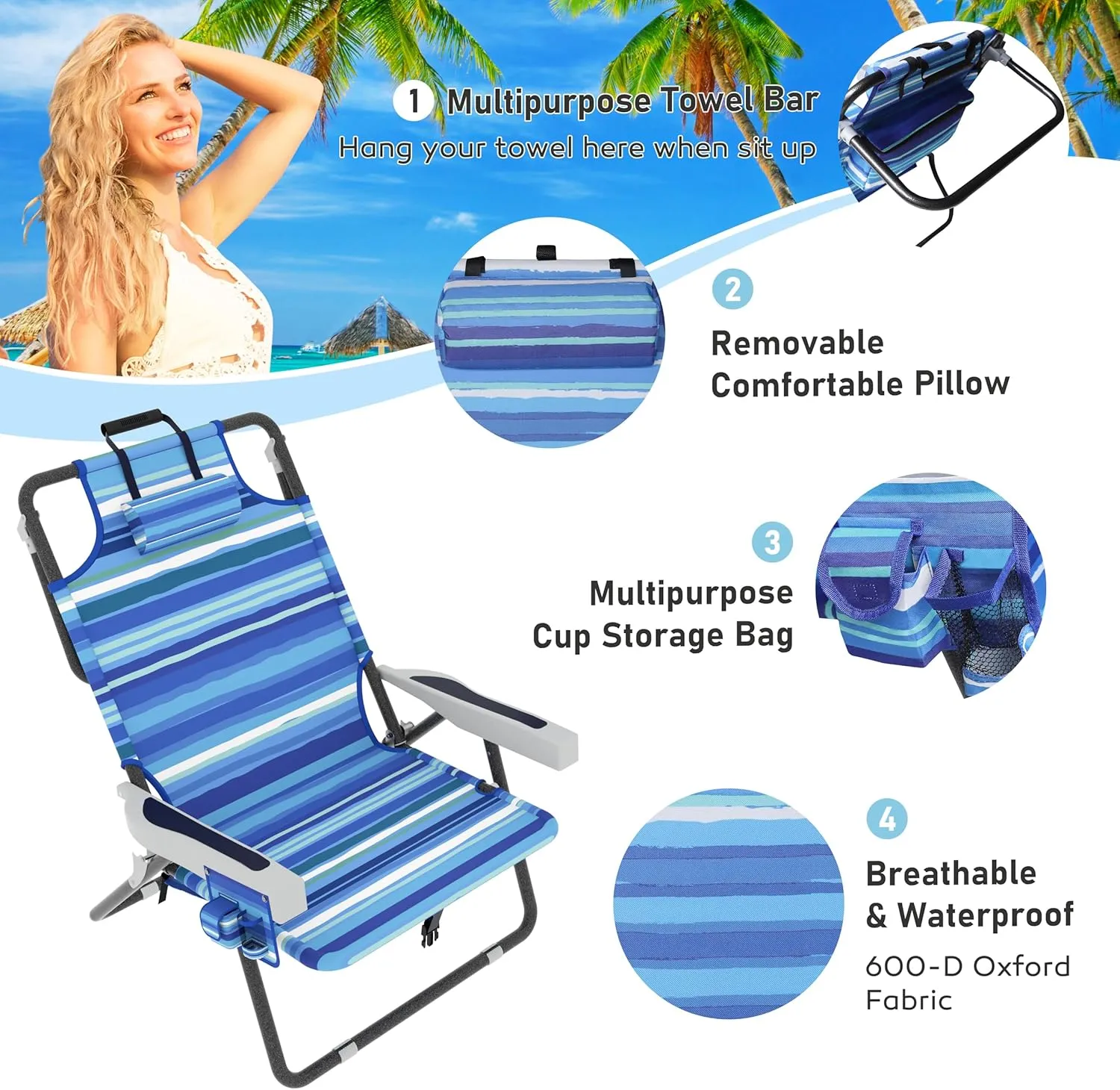Outdoor Beach Foldable Chaise Lounge Chair with Detachable Pillow & Pocket, Portable Tanning Chair with 5 Position Adjustable Back, Beach, Pool and Camping, Striped Blue