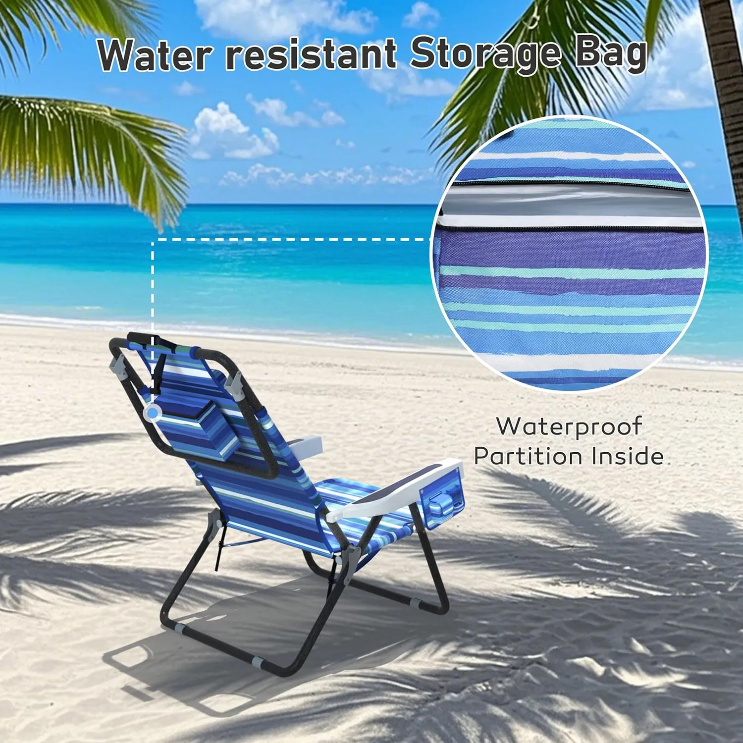 Outdoor Beach Foldable Chaise Lounge Chair with Detachable Pillow & Pocket, Portable Tanning Chair with 5 Position Adjustable Back, Beach, Pool and Camping, Striped Blue