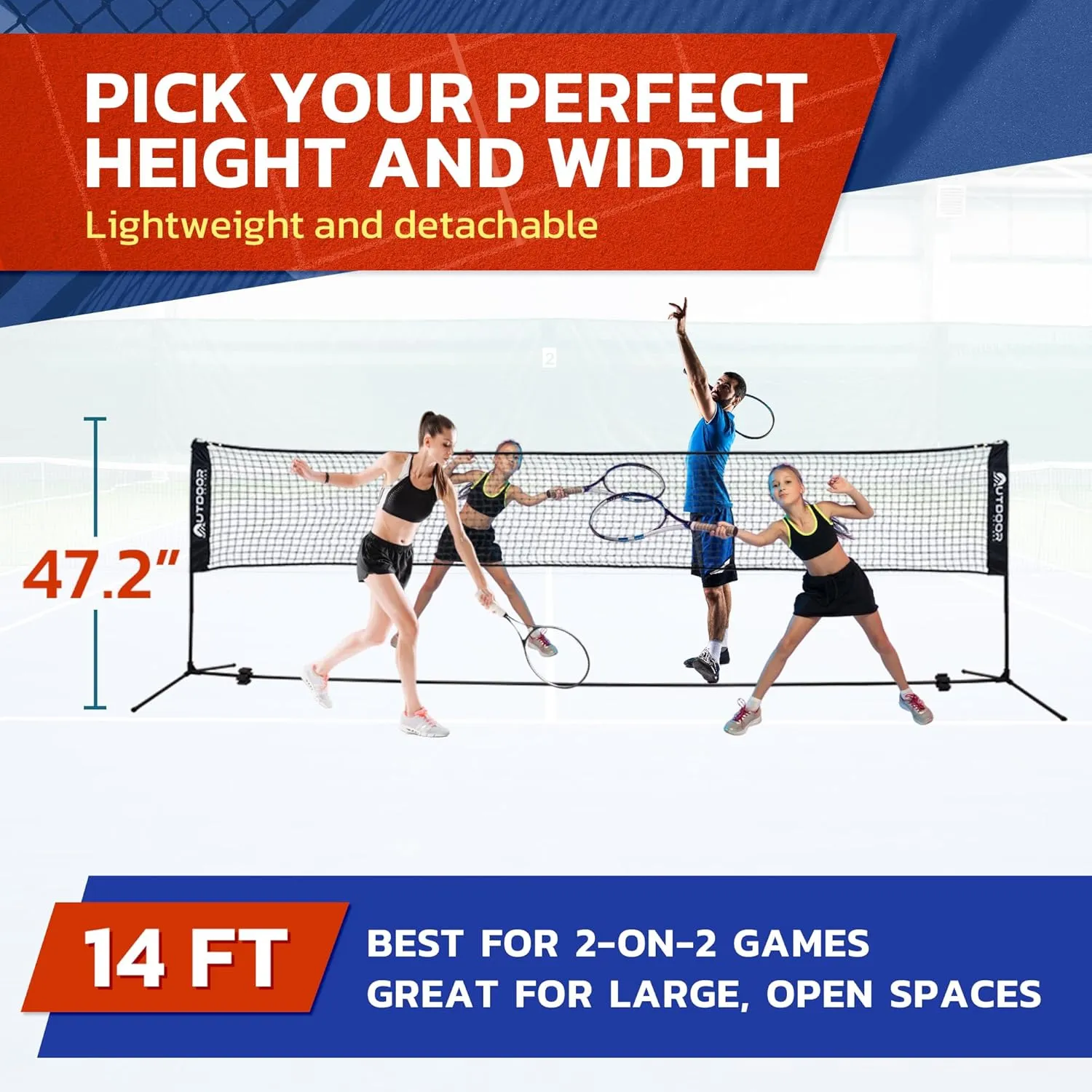 Outdoor Cruiser Portable Sports Net - Indoor and Outdoor for Badminton, Pickleball, Tennis, Soccer Tennis, and Volleyball, Adjustable Height (38-61 Inches), Durable Nylon and Rust-Resistant Steel Pole