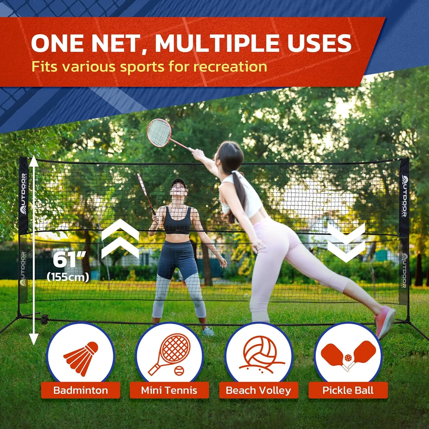 Outdoor Cruiser Portable Sports Net - Indoor and Outdoor for Badminton, Pickleball, Tennis, Soccer Tennis, and Volleyball, Adjustable Height (38-61 Inches), Durable Nylon and Rust-Resistant Steel Pole