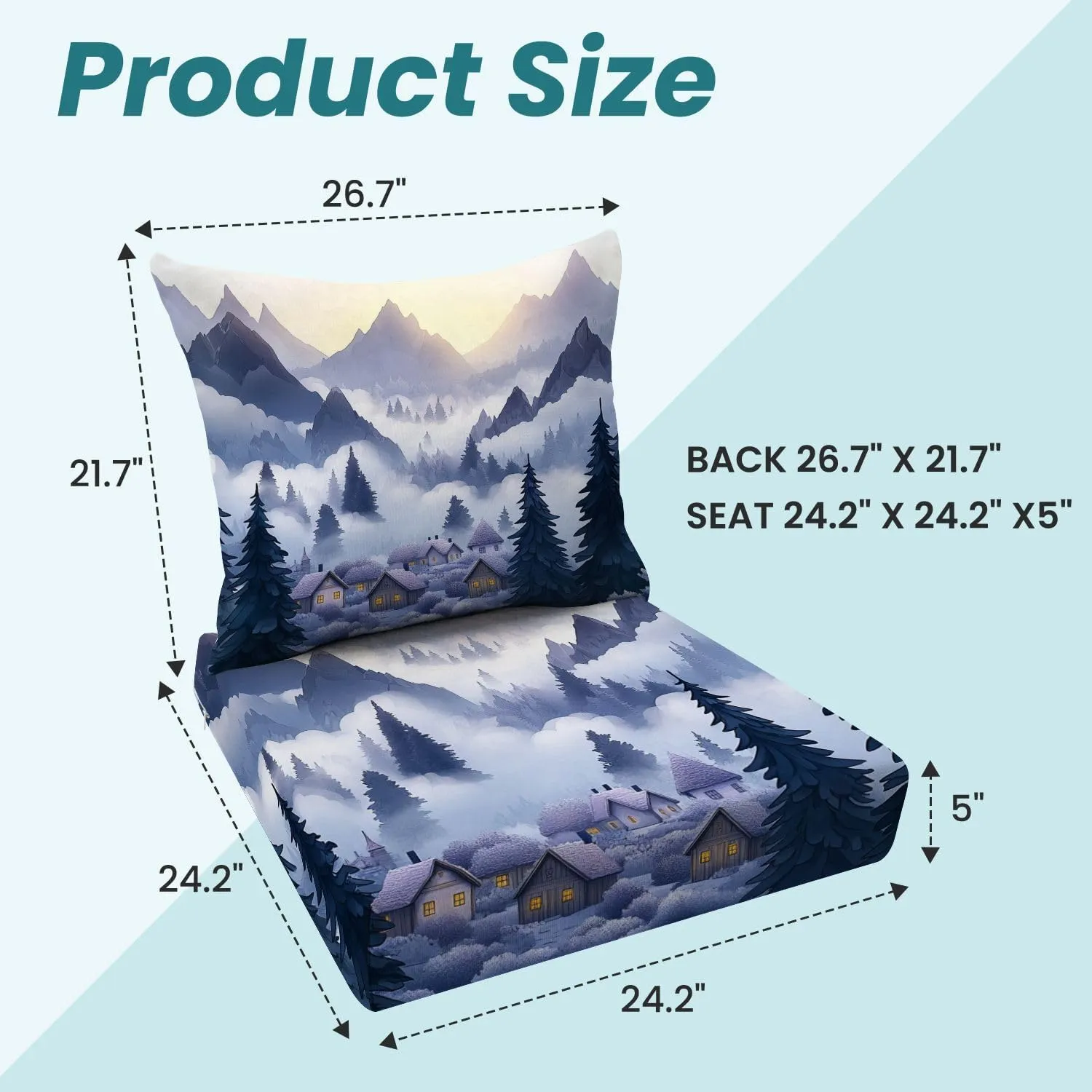 Outdoor Deep Seat Cushion Set Tranquil Alpine Morning Watercolor Mountain Art Print 24 x 24 Inch Fade Resistant Patio Furniture Cushions with Removable Cover for Chaise Lounge