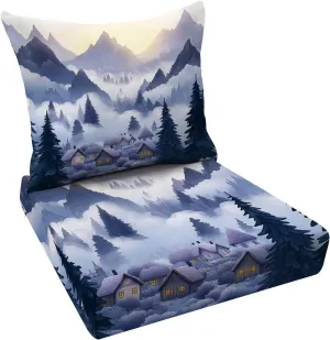 Outdoor Deep Seat Cushion Set Tranquil Alpine Morning Watercolor Mountain Art Print 24 x 24 Inch Fade Resistant Patio Furniture Cushions with Removable Cover for Chaise Lounge
