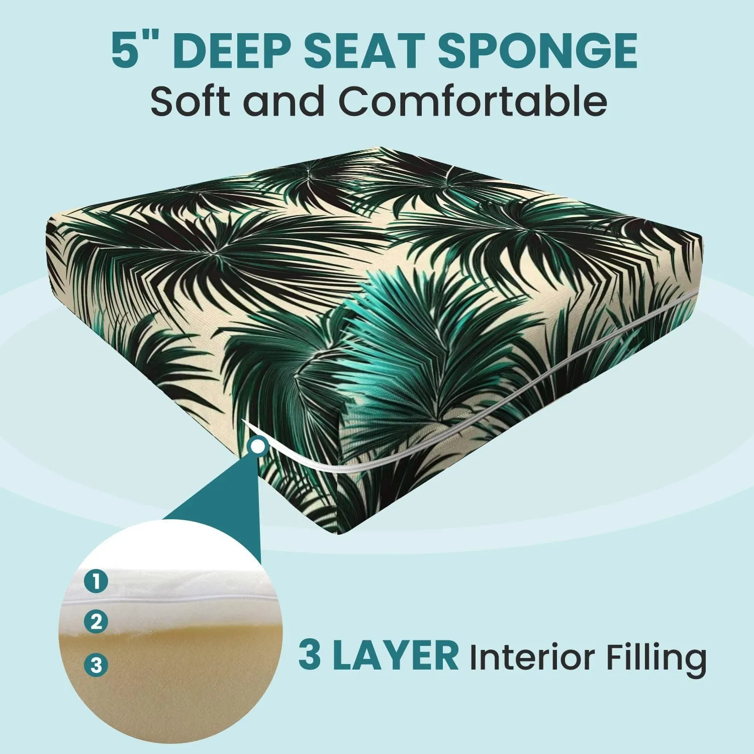 Outdoor Deep Seat Cushion Set Tropical Palm Leaves Seamless Floral Pattern 24 x 24 Inch Fade Resistant Patio Furniture Cushions with Removable Cover for Chaise Lounge