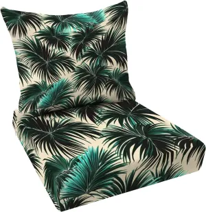 Outdoor Deep Seat Cushion Set Tropical Palm Leaves Seamless Floral Pattern 24 x 24 Inch Fade Resistant Patio Furniture Cushions with Removable Cover for Chaise Lounge