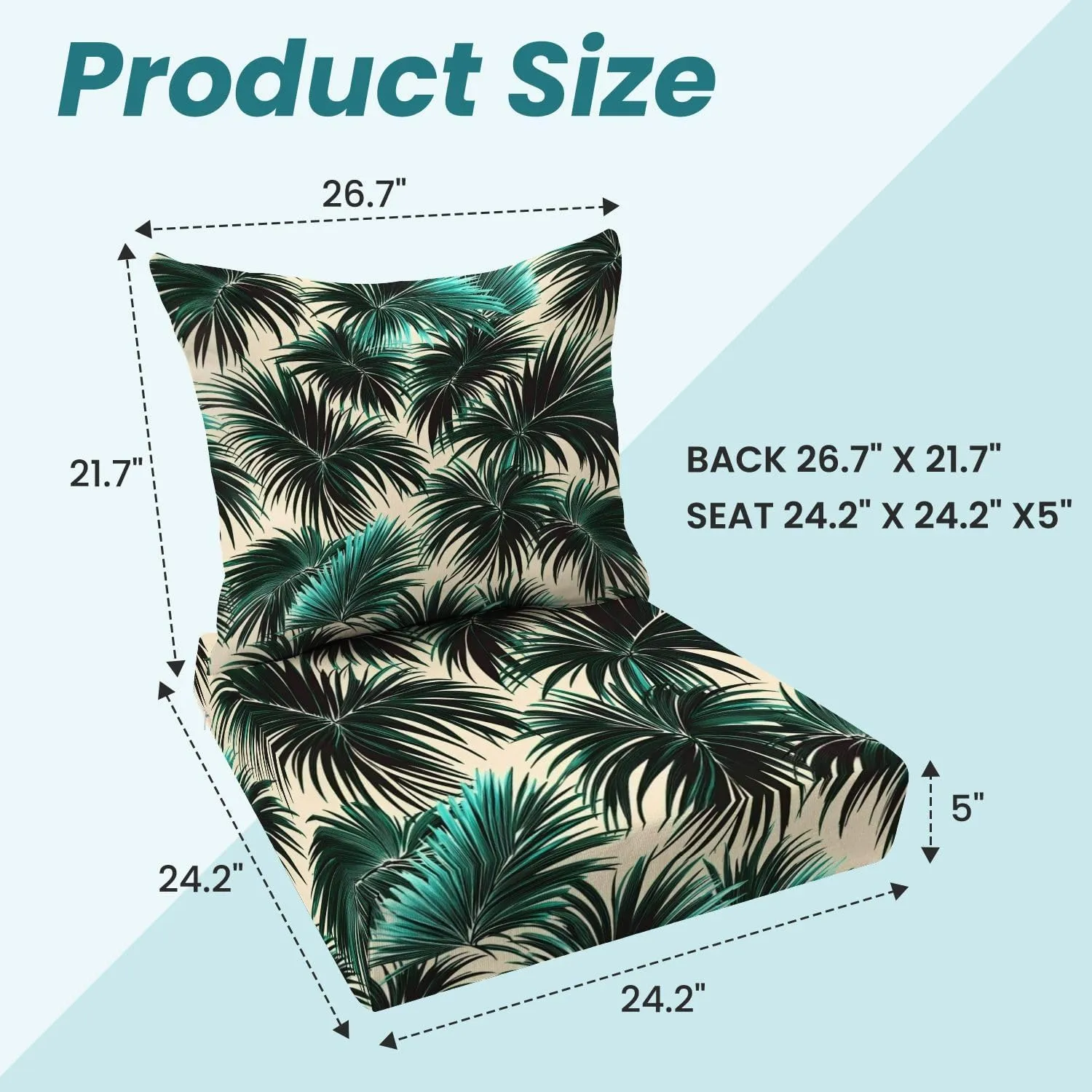 Outdoor Deep Seat Cushion Set Tropical Palm Leaves Seamless Floral Pattern 24 x 24 Inch Fade Resistant Patio Furniture Cushions with Removable Cover for Chaise Lounge