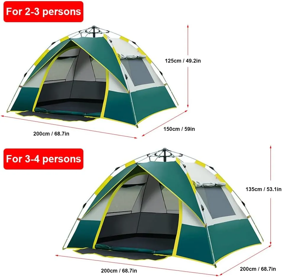 Outdoor Pop Up Tent Water-Resistant Portable Automatic Camping Tent for 2-3/3-4 Person Family Tent Camping Hiking Bapaing (Dark Green for 2)