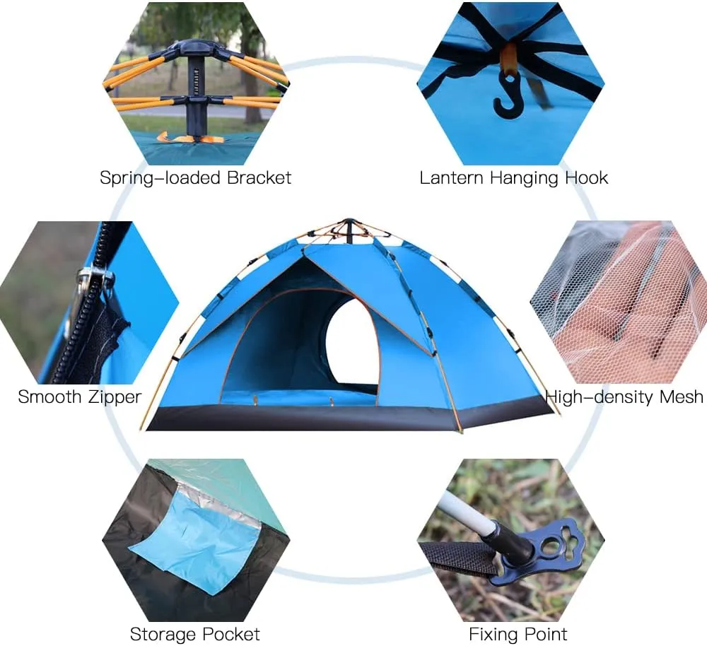 Outdoor Pop Up Tent Water-Resistant Portable Camping Tent for 1-2/3-4 People Family Tent (Dark Green for 1) (Blue for 1)