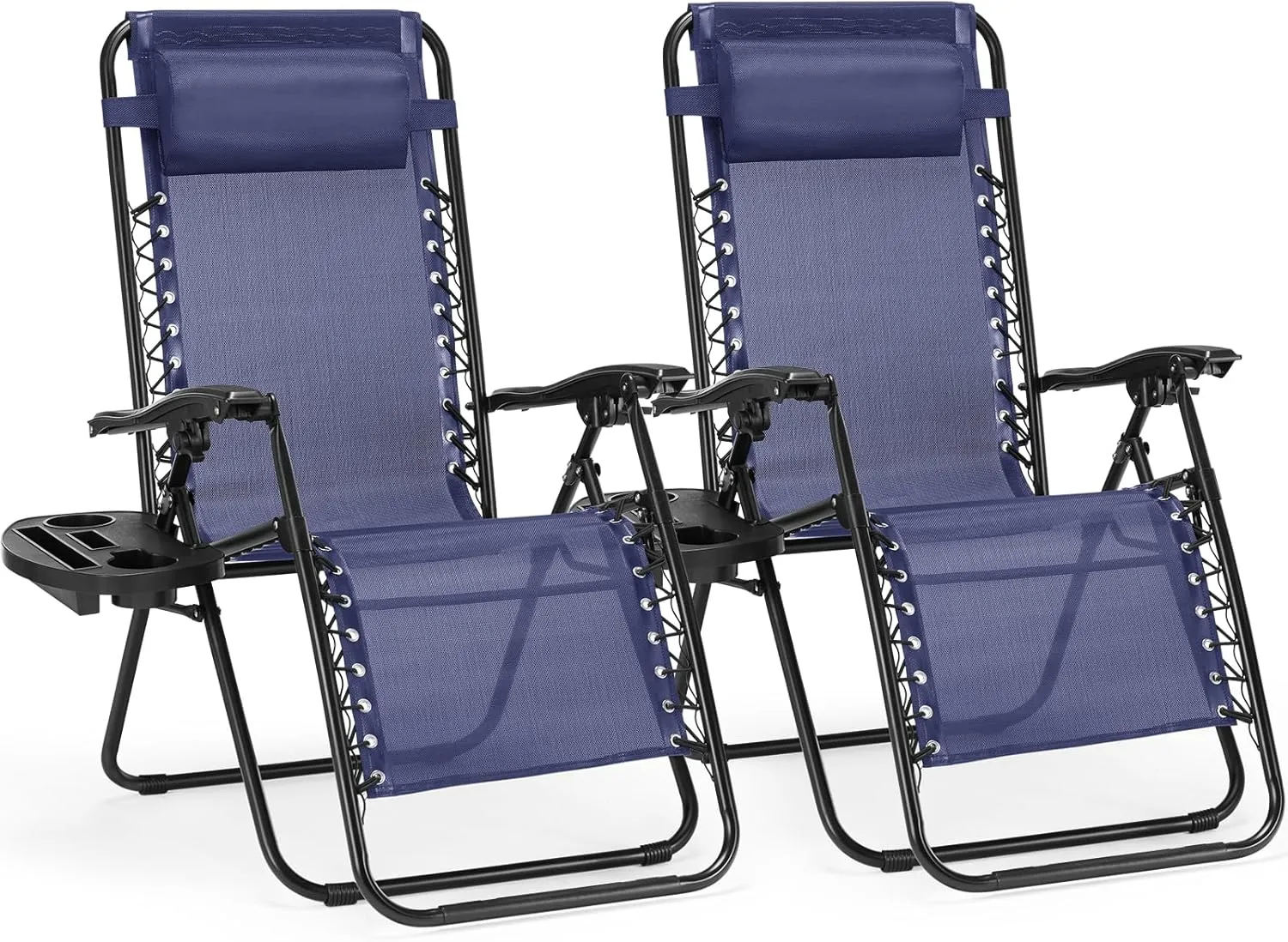 Outdoor Relaxation with Set of 2 Folding Recliners, Adjustable Angle with Pillow and Cup Holder, Blue