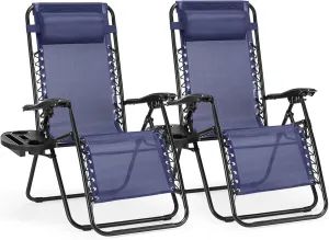 Outdoor Relaxation with Set of 2 Folding Recliners, Adjustable Angle with Pillow and Cup Holder, Blue