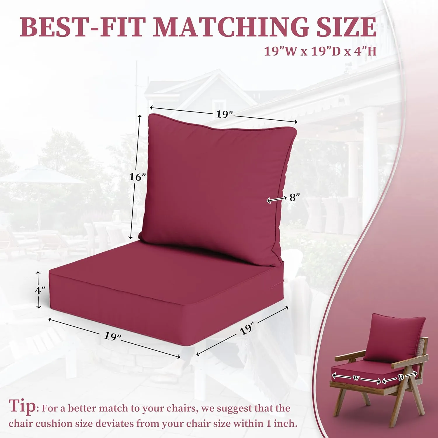 Outdoor Seat Cushion Set 19 L X 19 W X 4 H Inch Waterproof & Fade Resistant Patio Furniture Cushions with Removable Cover with Non-Slip Pads and Straps for Sofa Chairs, Chairs