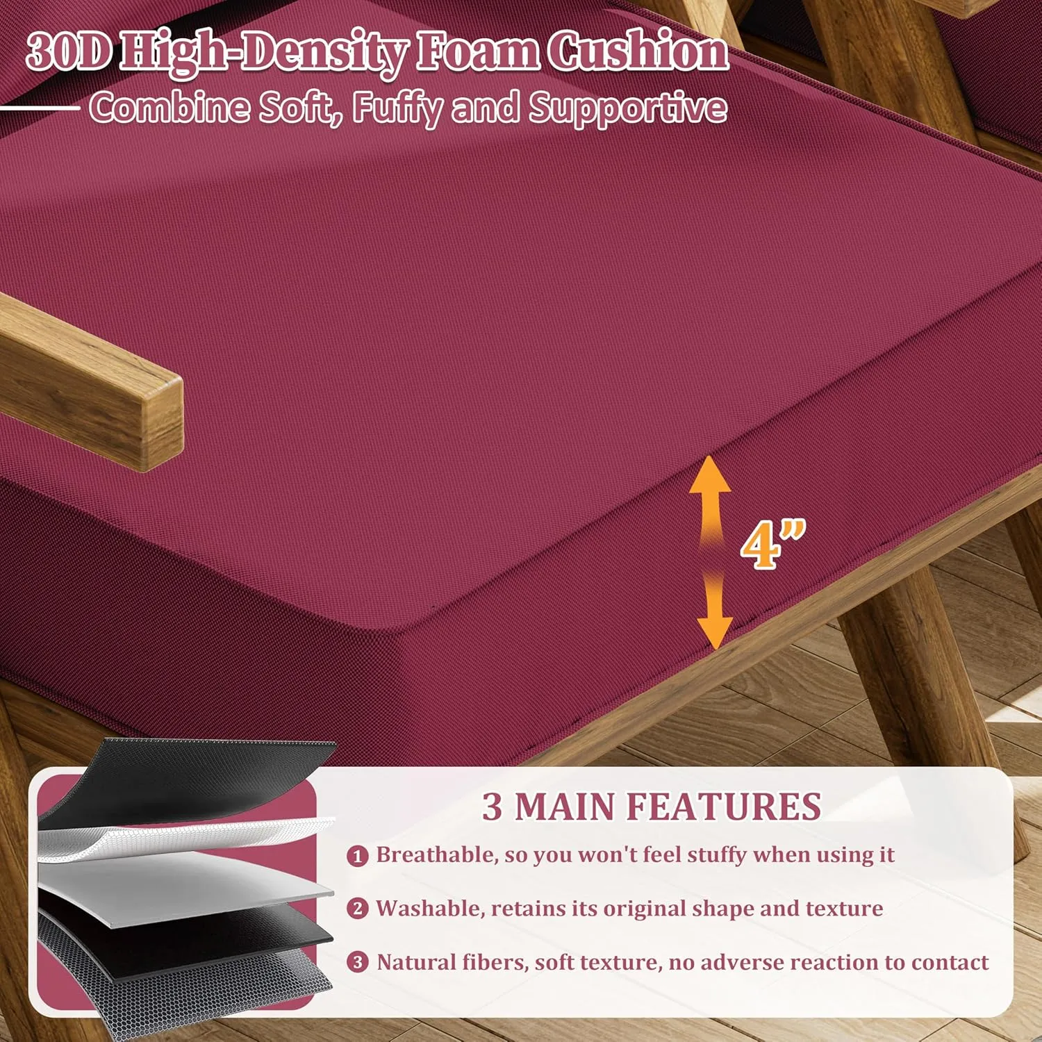 Outdoor Seat Cushion Set 19 L X 19 W X 4 H Inch Waterproof & Fade Resistant Patio Furniture Cushions with Removable Cover with Non-Slip Pads and Straps for Sofa Chairs, Chairs