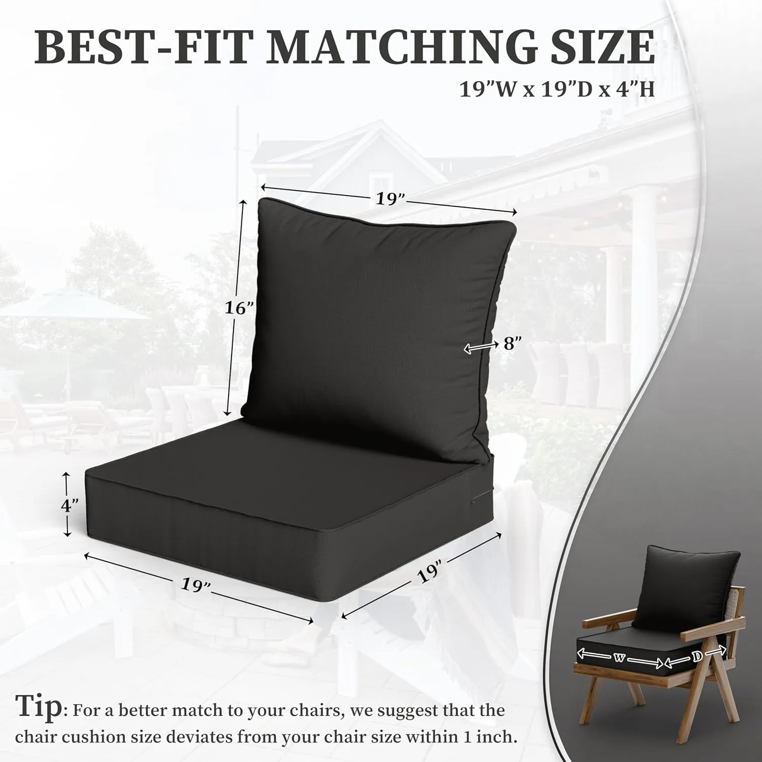 Outdoor Seat Cushion Set 19 L X 19 W X 4 H Inch Waterproof & Fade Resistant Patio Furniture Cushions with Removable Cover with Non-Slip Pads and Straps for Sofa Chairs, Chairs