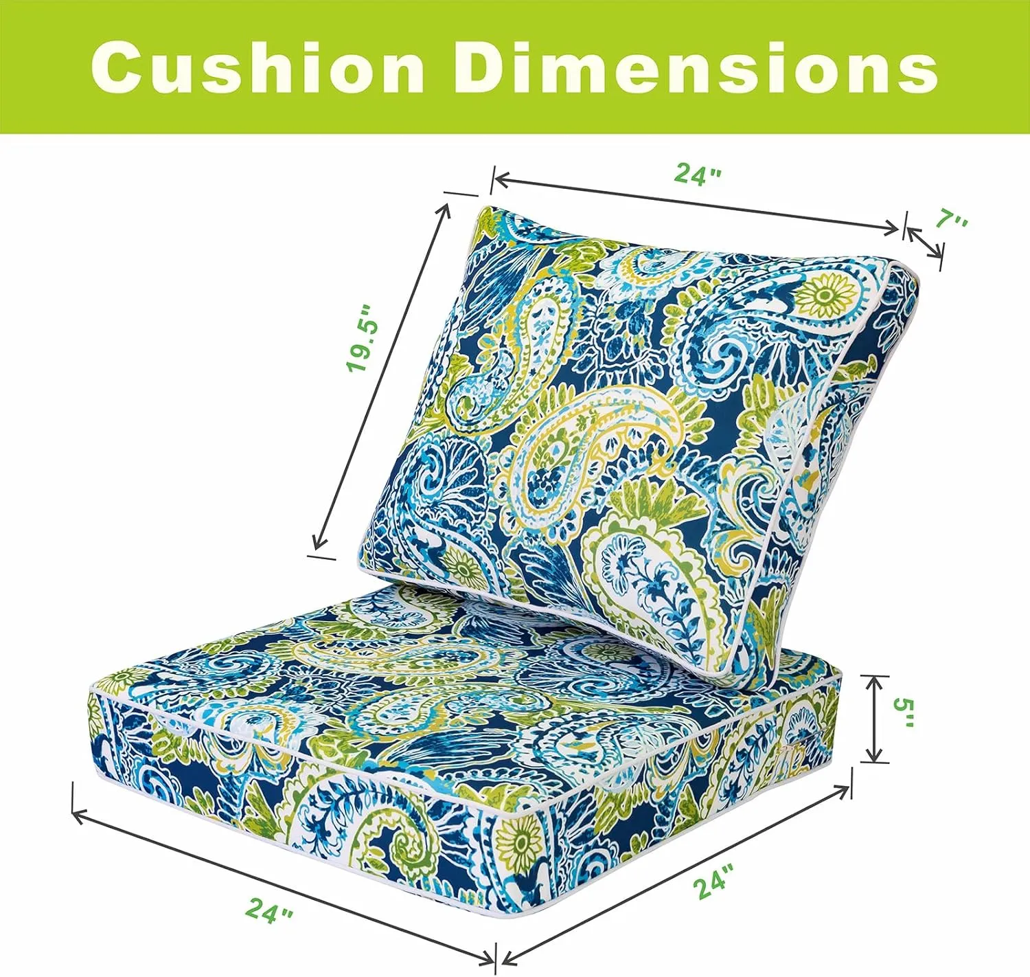 Outdoor Seat/Back Deep Chair Cushion Set for Patio Furniture - Lounge Chair Cushions with Zipper - Waterproof Patio Chair Cushions 24x24