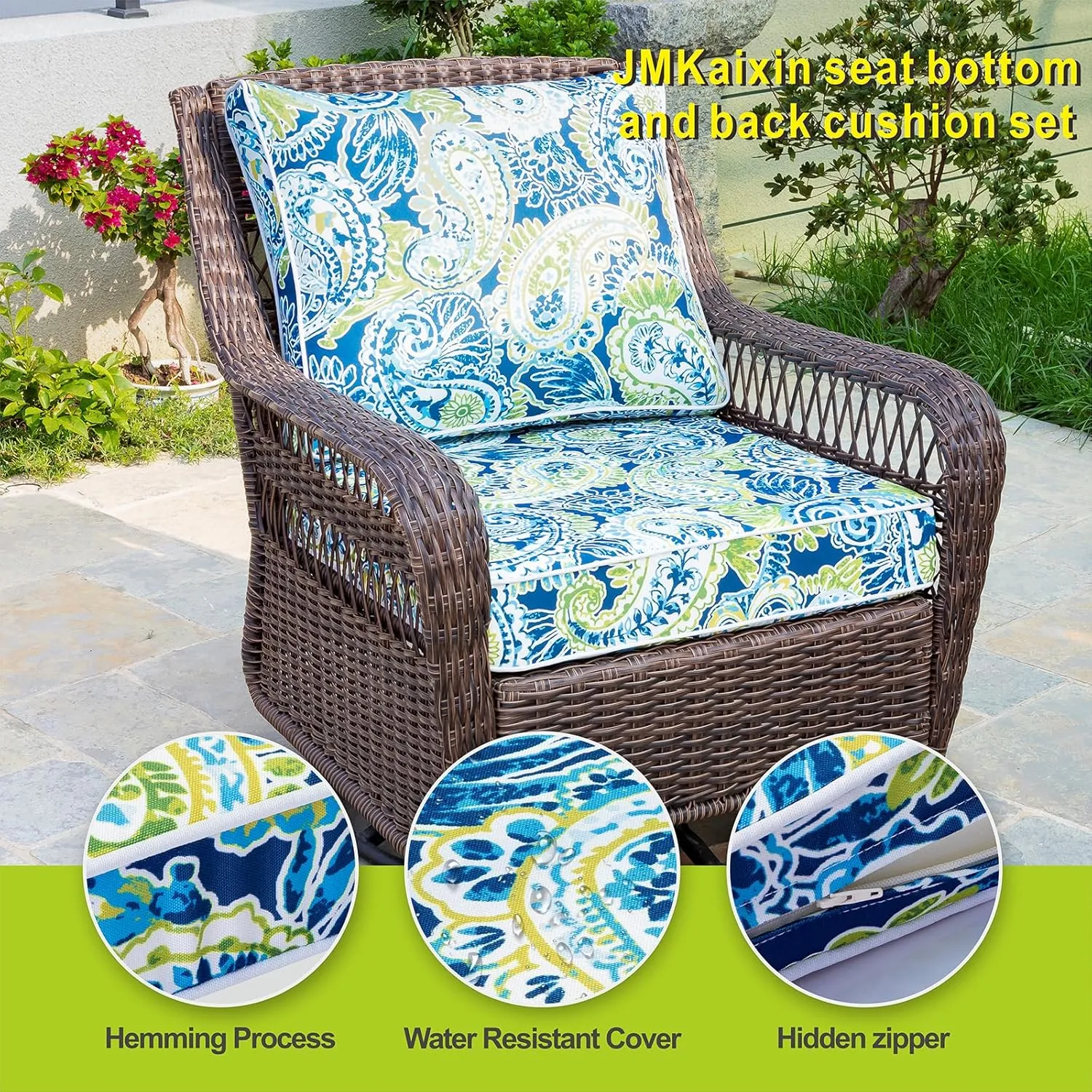 Outdoor Seat/Back Deep Chair Cushion Set for Patio Furniture - Lounge Chair Cushions with Zipper - Waterproof Patio Chair Cushions 24x24