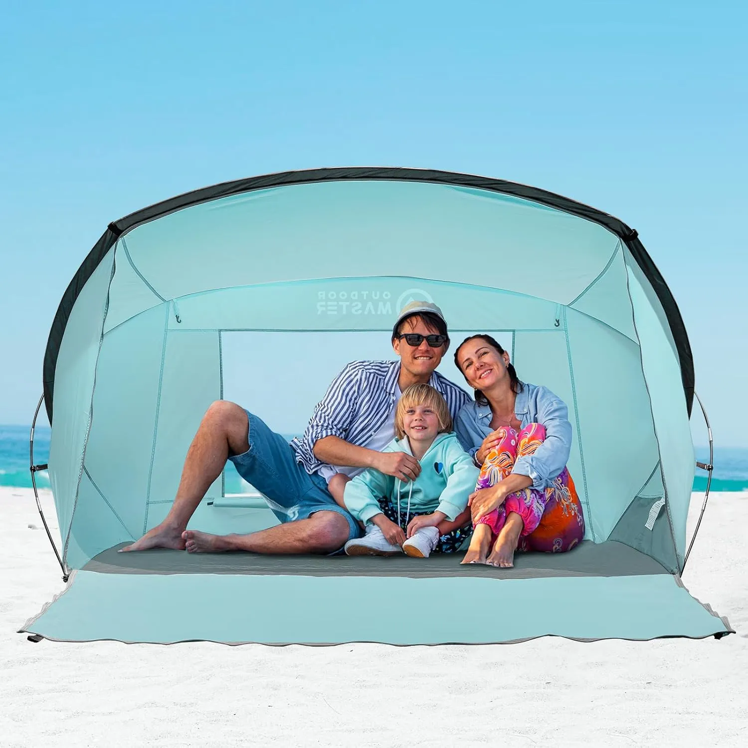 OutdoorMaster Beach Tent for 3-4 Person - Easy Setup and Portable Beach Shade Sun Shelter Canopy with UPF 50  UV Protection Removable Skylight Family Size - Green