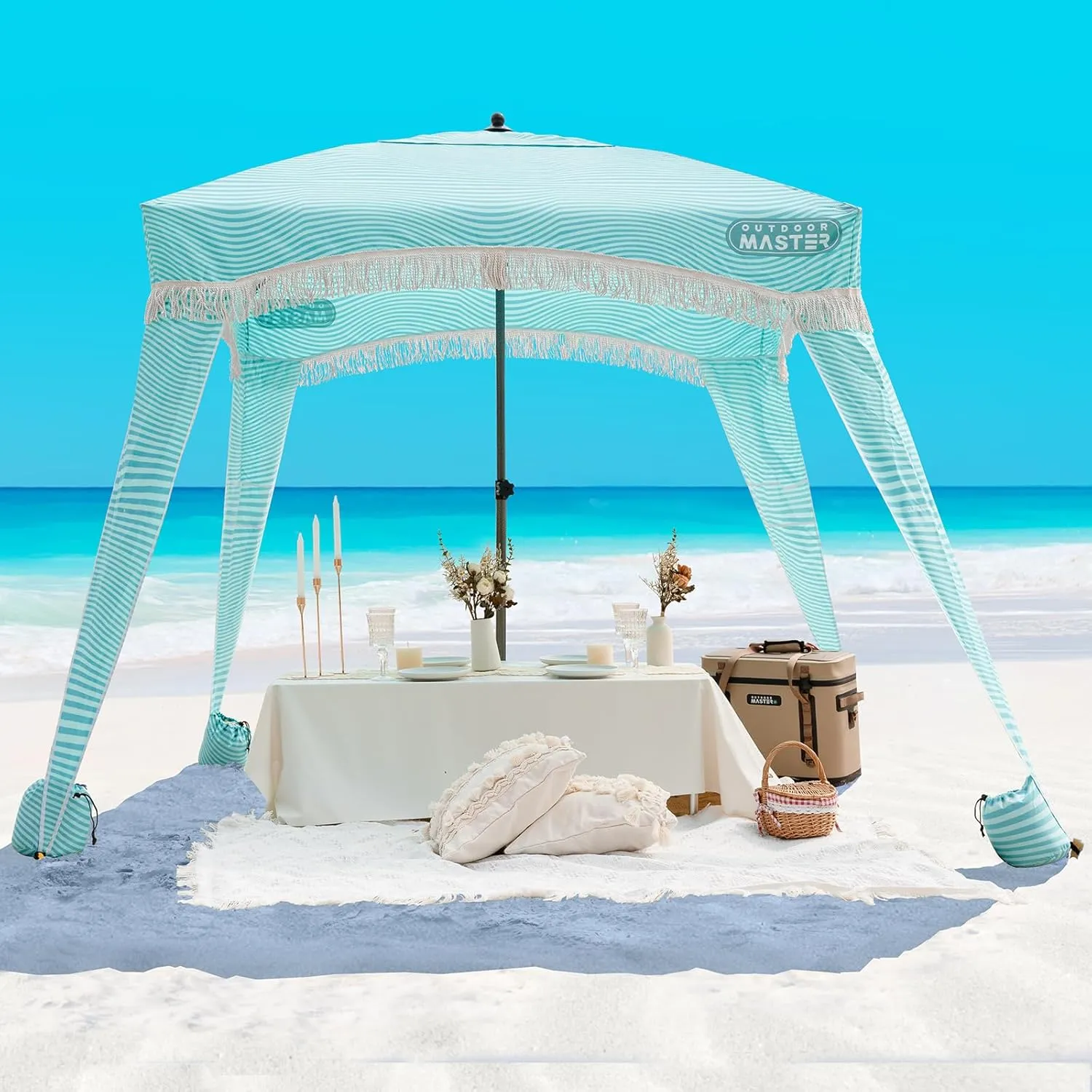 OutdoorMaster Portable Beach Cabana with Fringe, 6' x 6' Canopy, Easy Set Up Beach Shelter, Side Wall, UPF 50  UV Protection Sun Umbrella - For Kids, Family & Friends