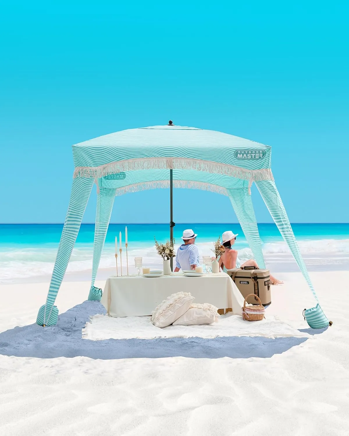 OutdoorMaster Portable Beach Cabana with Fringe, 6' x 6' Canopy, Easy Set Up Beach Shelter, Side Wall, UPF 50  UV Protection Sun Umbrella - For Kids, Family & Friends