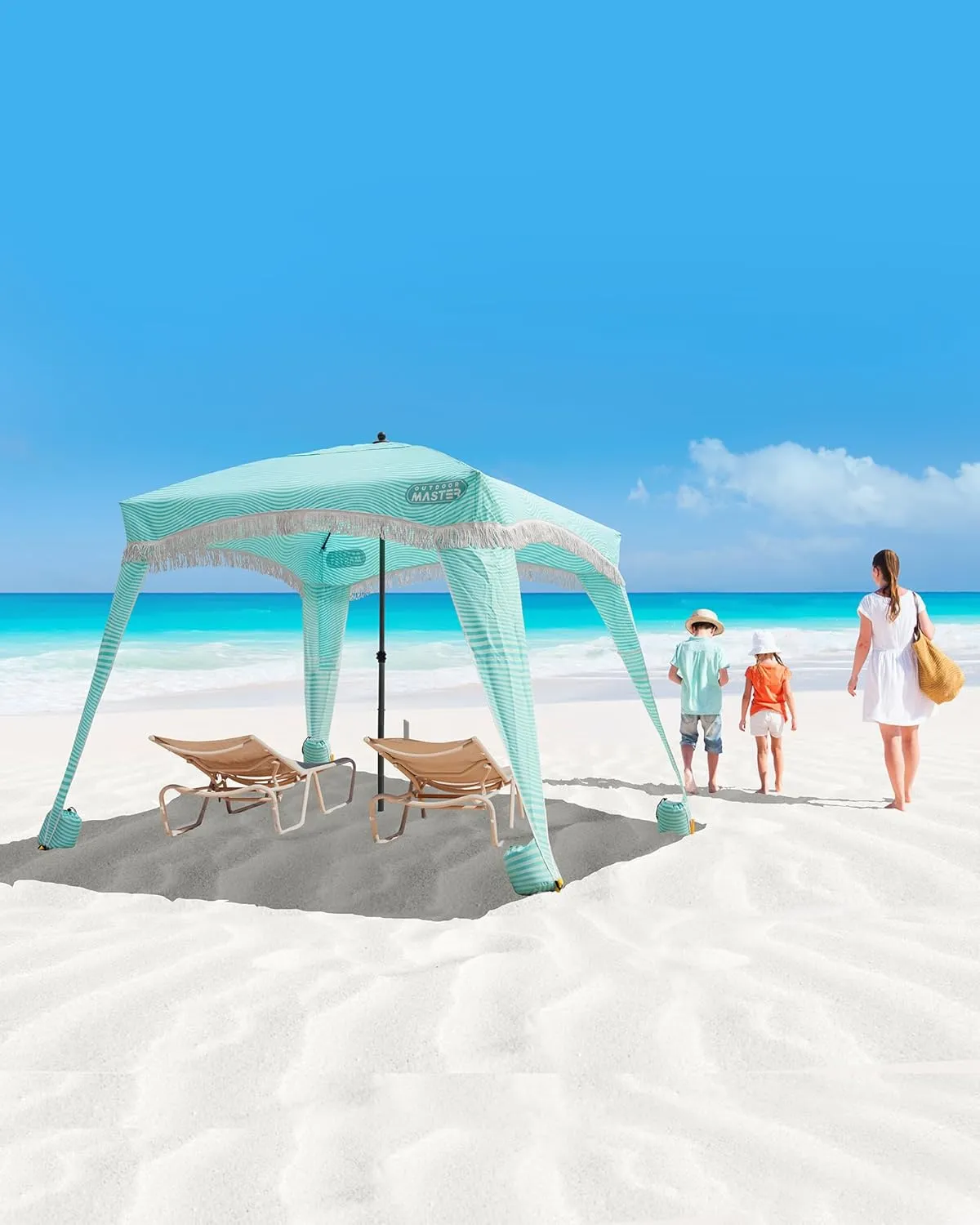 OutdoorMaster Portable Beach Cabana with Fringe, 6' x 6' Canopy, Easy Set Up Beach Shelter, Side Wall, UPF 50  UV Protection Sun Umbrella - For Kids, Family & Friends