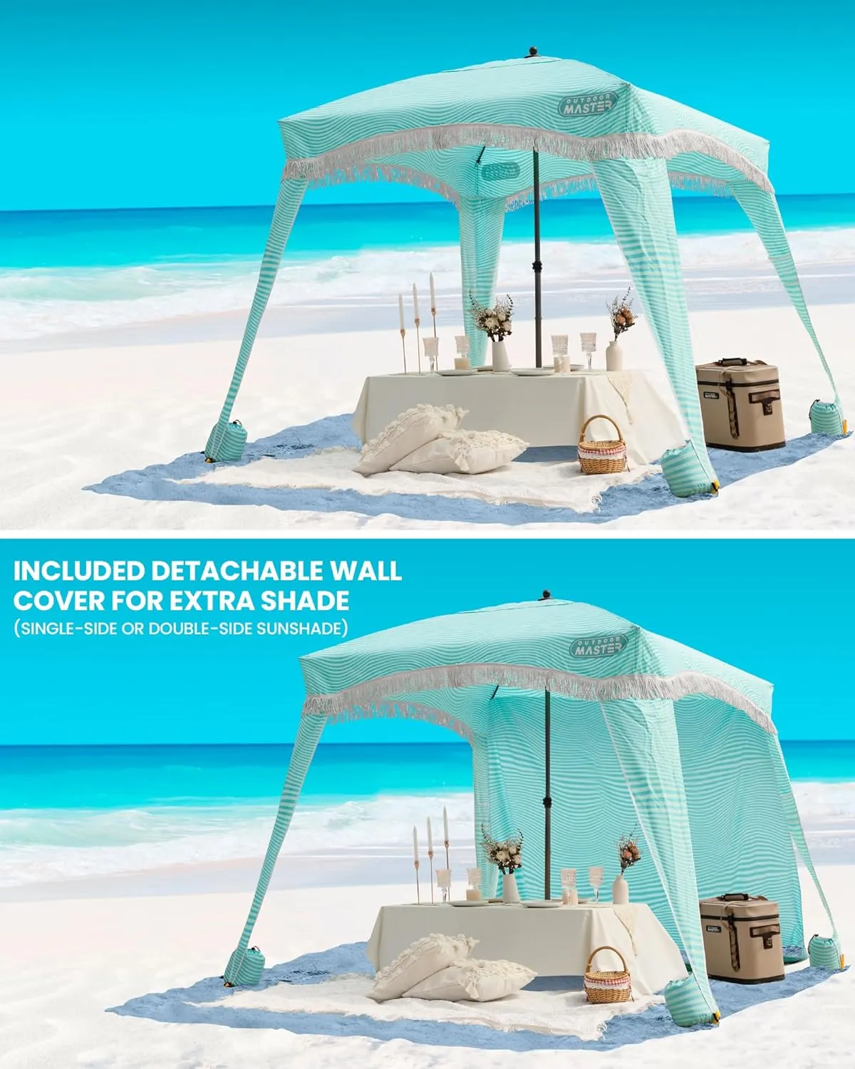 OutdoorMaster Portable Beach Cabana with Fringe, 6' x 6' Canopy, Easy Set Up Beach Shelter, Side Wall, UPF 50  UV Protection Sun Umbrella - For Kids, Family & Friends