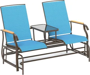 Outsunny 2 Person Outdoor Glider Bench, Patio Swing Glider Chair Loveseat with Breathable Mesh, Table, Steel Frame for Garden, Backyard, Porch, Blue
