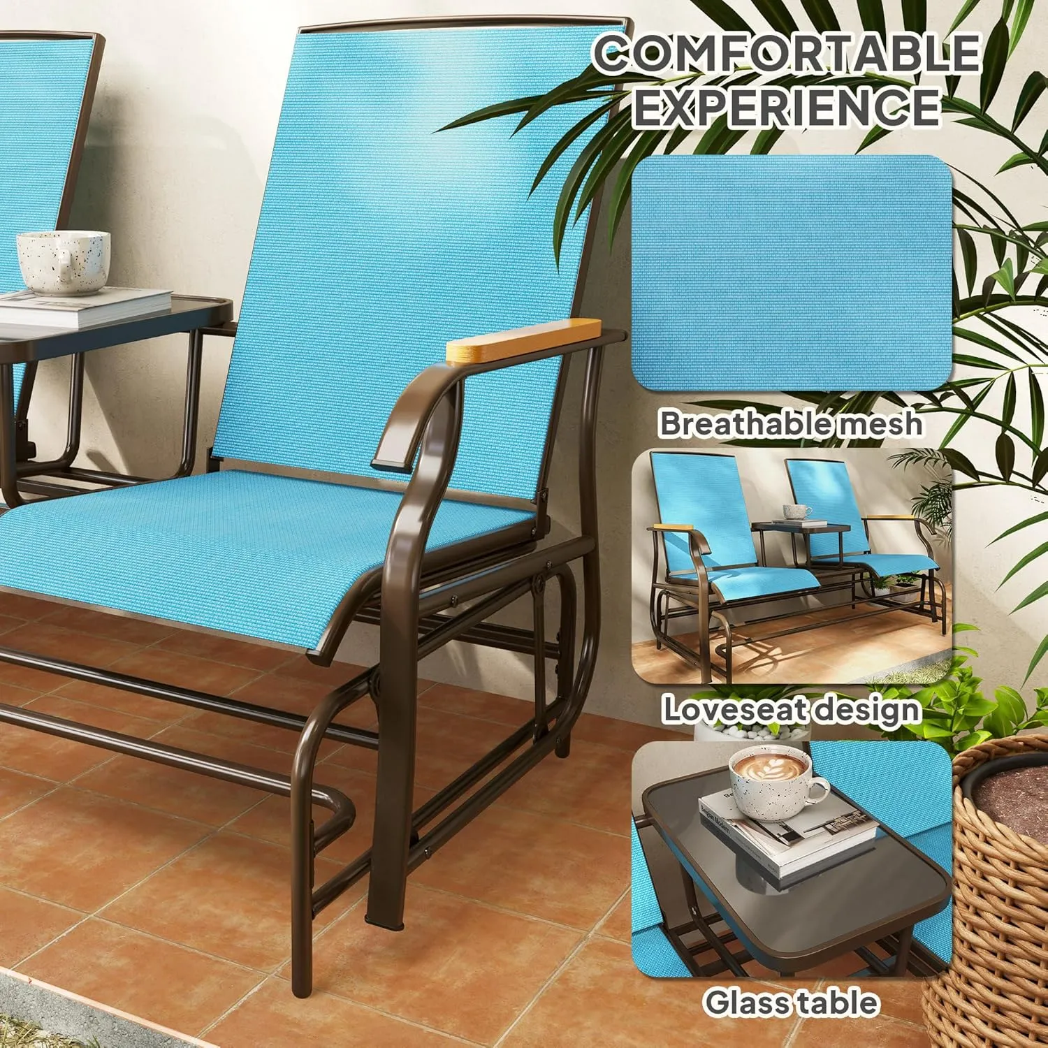 Outsunny 2 Person Outdoor Glider Bench, Patio Swing Glider Chair Loveseat with Breathable Mesh, Table, Steel Frame for Garden, Backyard, Porch, Blue