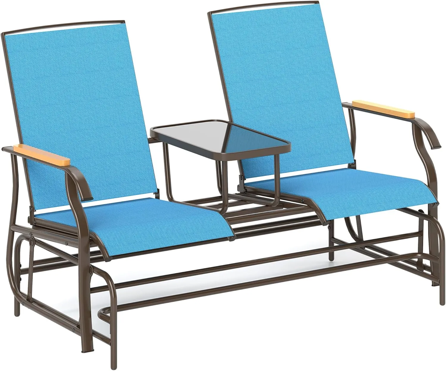 Outsunny 2 Person Outdoor Glider Bench, Patio Swing Glider Chair Loveseat with Breathable Mesh, Table, Steel Frame for Garden, Backyard, Porch, Blue
