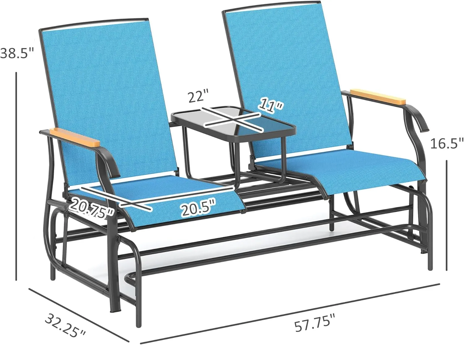 Outsunny 2 Person Outdoor Glider Bench, Patio Swing Glider Chair Loveseat with Breathable Mesh, Table, Steel Frame for Garden, Backyard, Porch, Blue