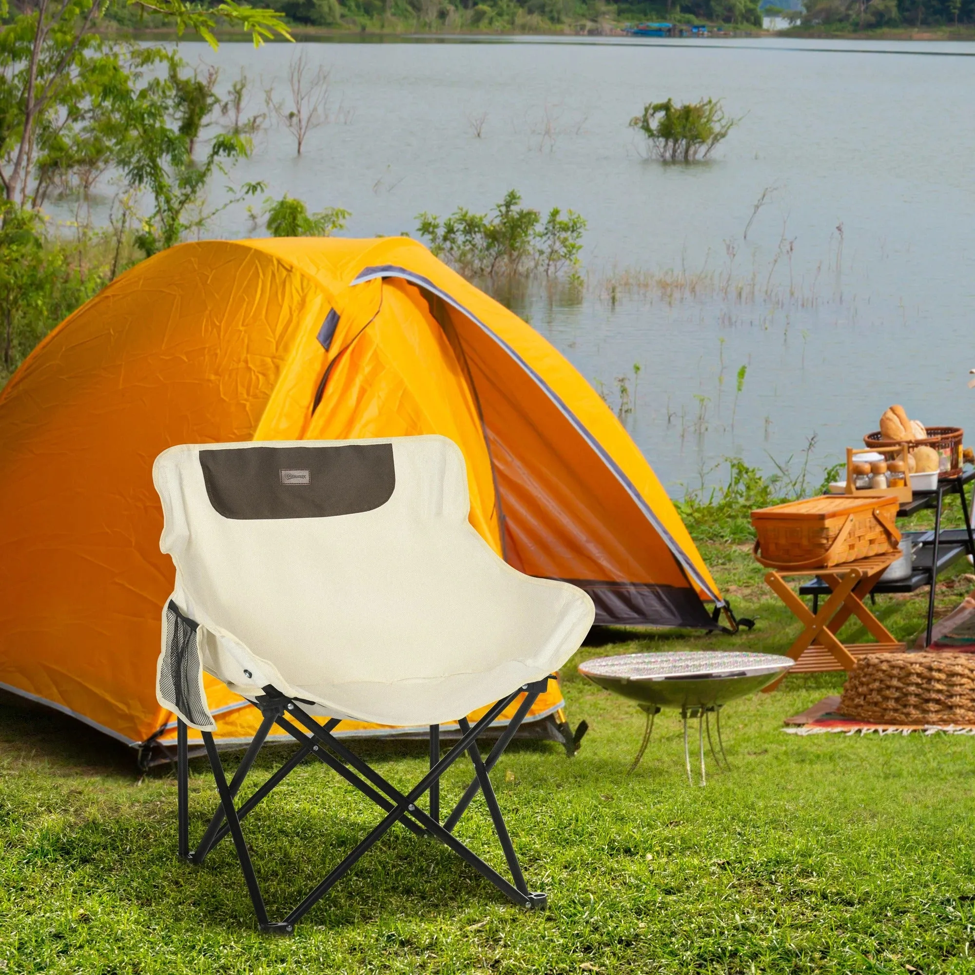 Outsunny Carrying For And Folding Storage Hiking, Bag Fishing, White Top-tier Chair, Lightweight Festivals, Pocket, Highly-rated Beach With Camping Perfect